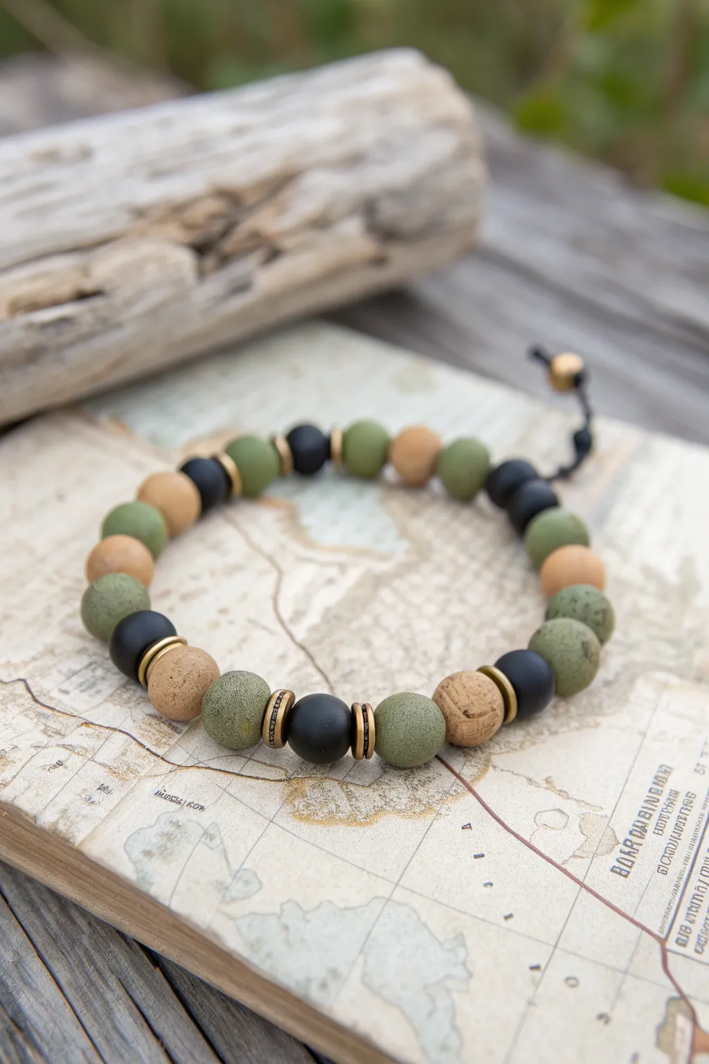 Olive, sand, and black clay bead bracelet with subtle spacers on driftwood, outdoorsy and bold.