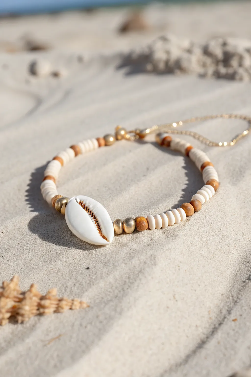 Cowrie shell centerpiece bracelet with clay heishi beads for an easy, sunlit beachy summer look
