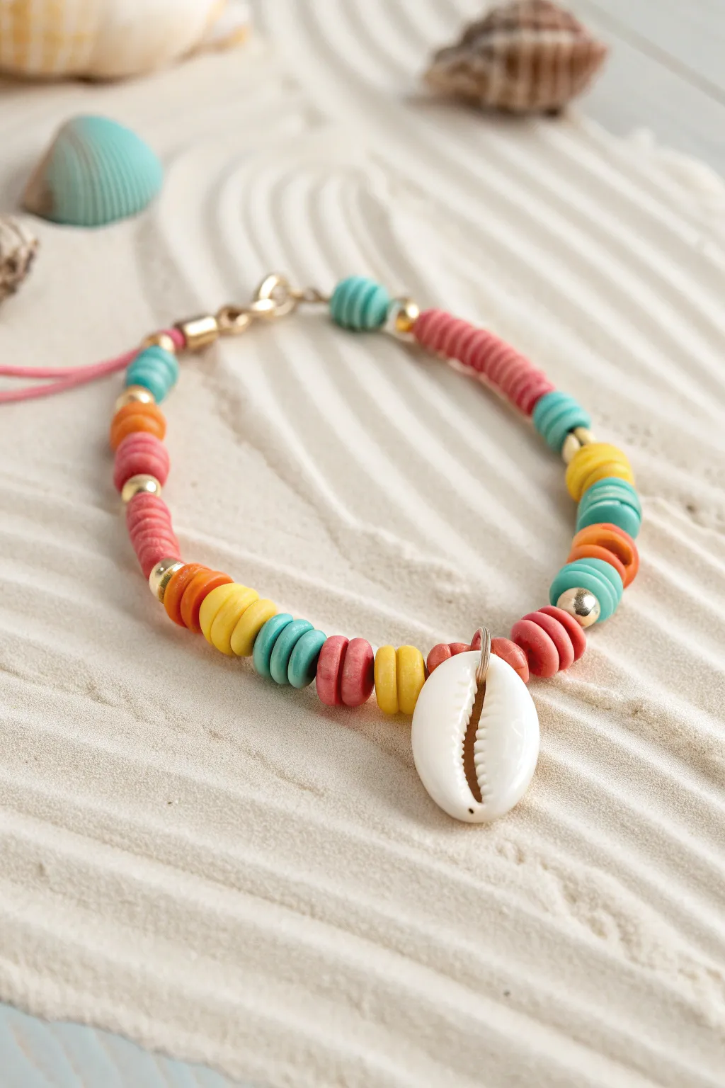 Bright clay disc bracelet with a centered cowrie shell charm on pale sand for beachy summer vibes