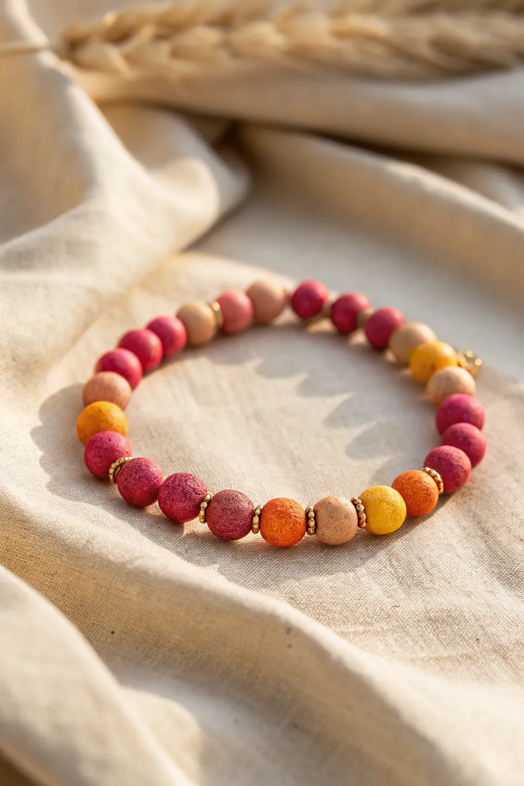Sunset ombre clay bead bracelet stack in bold magenta-to-gold tones, no white, warm and glowy.