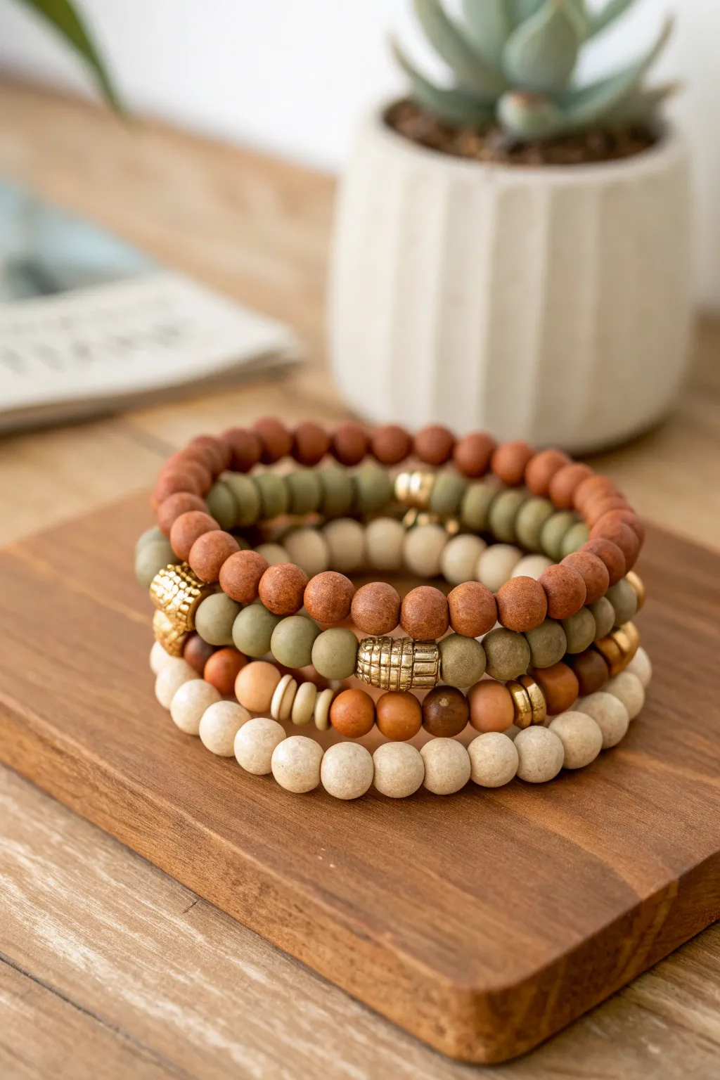 Neutral earth-tone clay bead bracelet stack with subtle gold spacers on warm wood, cozy minimal style.