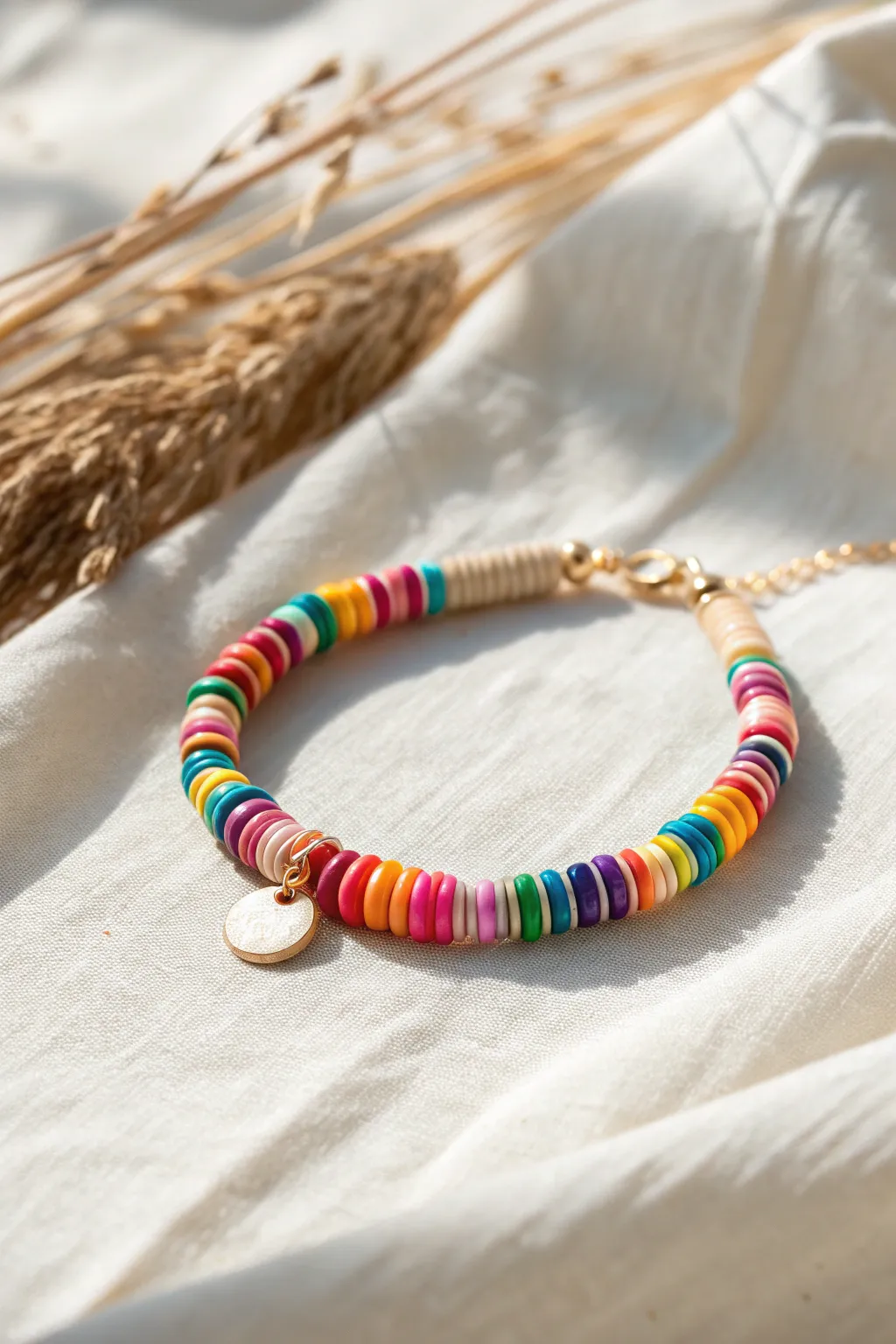 Rainbow stripe heishi bracelet in a clean curve, bold color order on soft linen minimalism