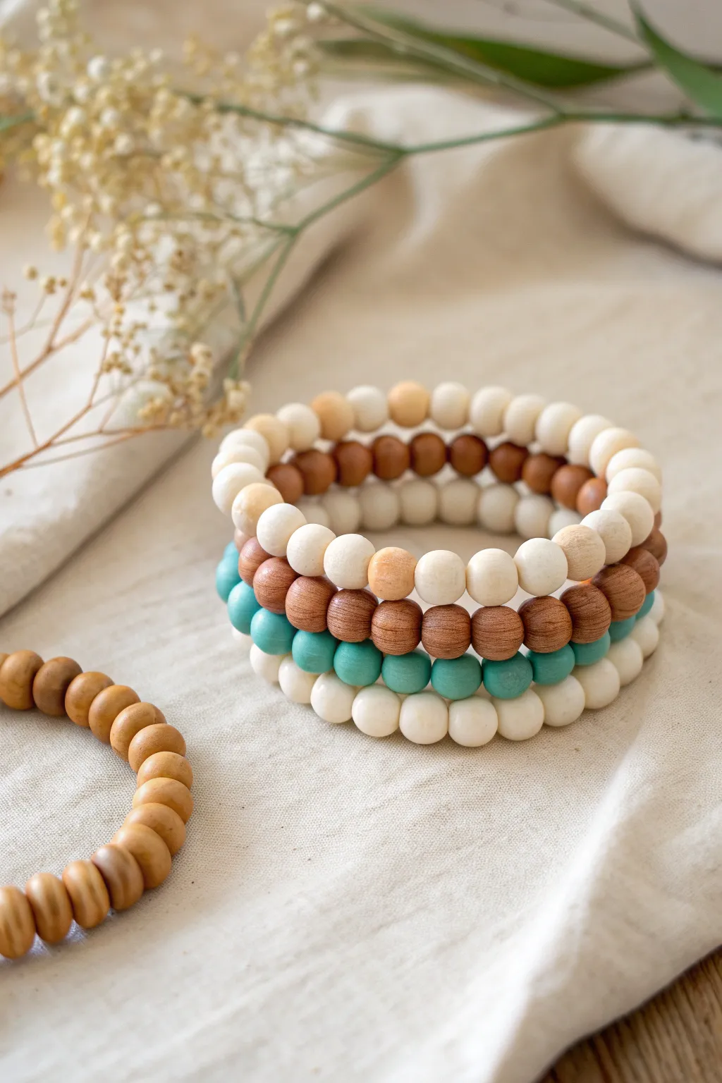 Neutrals meet a bold teal pop in this simple clay bead bracelet stack, clean and boho-modern.
