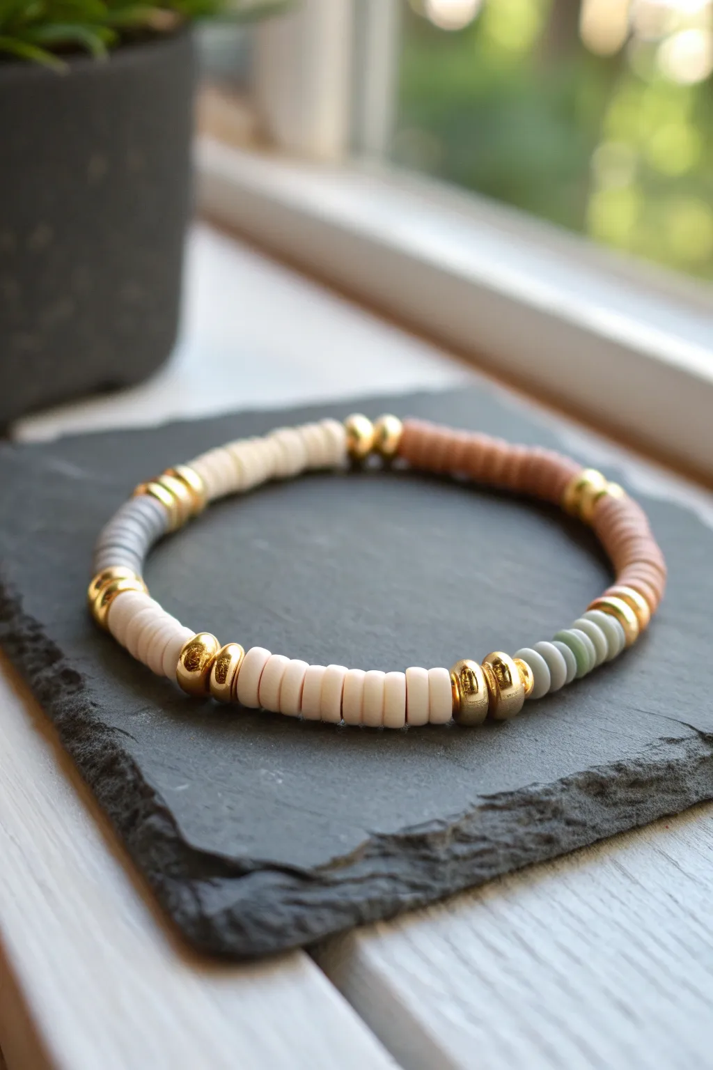 Minimal neutral heishi bracelet with shiny gold spacers, simple color idea with luxe pop.