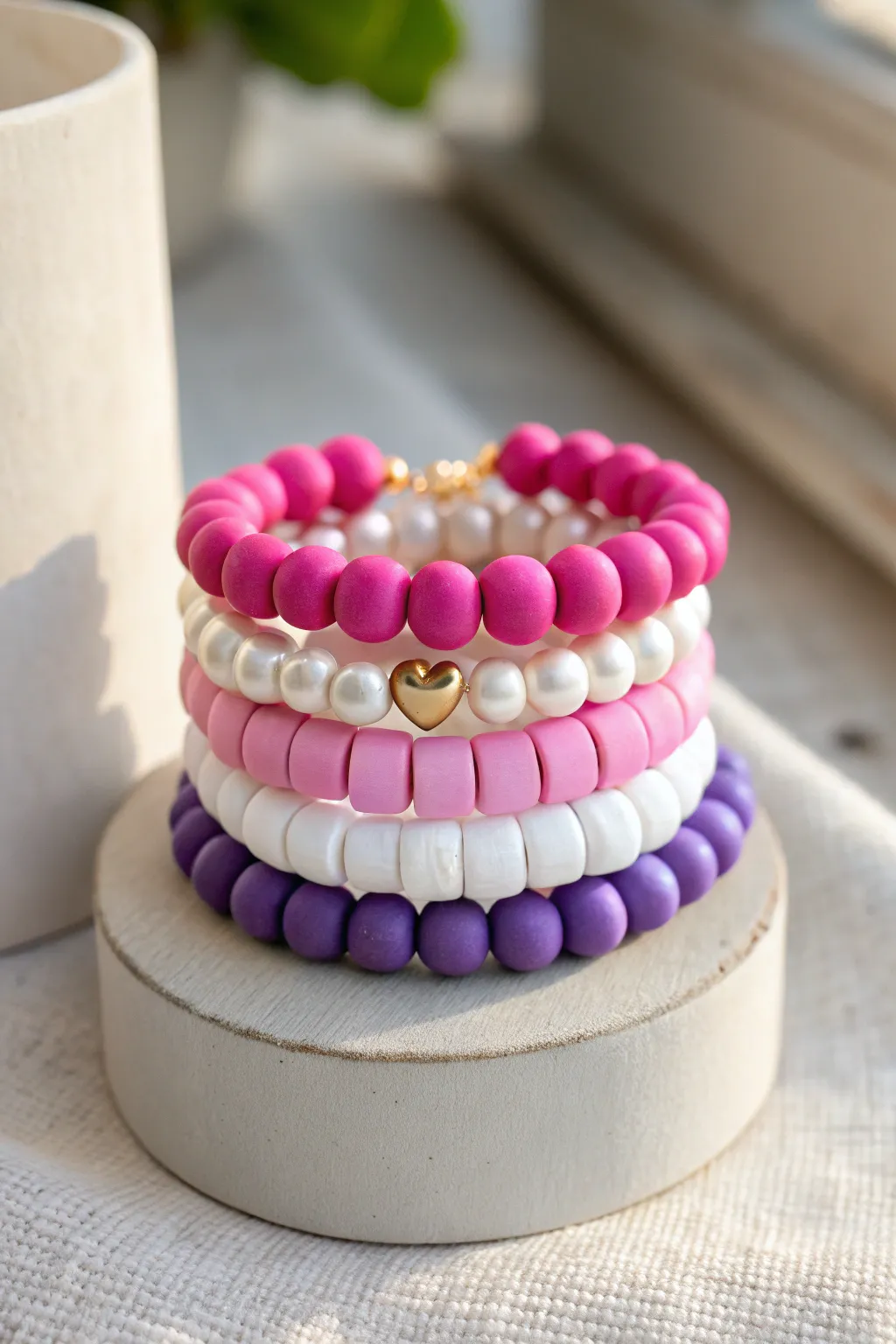 Preppy pink, purple, and white clay bead block bracelets with one simple focal bead.