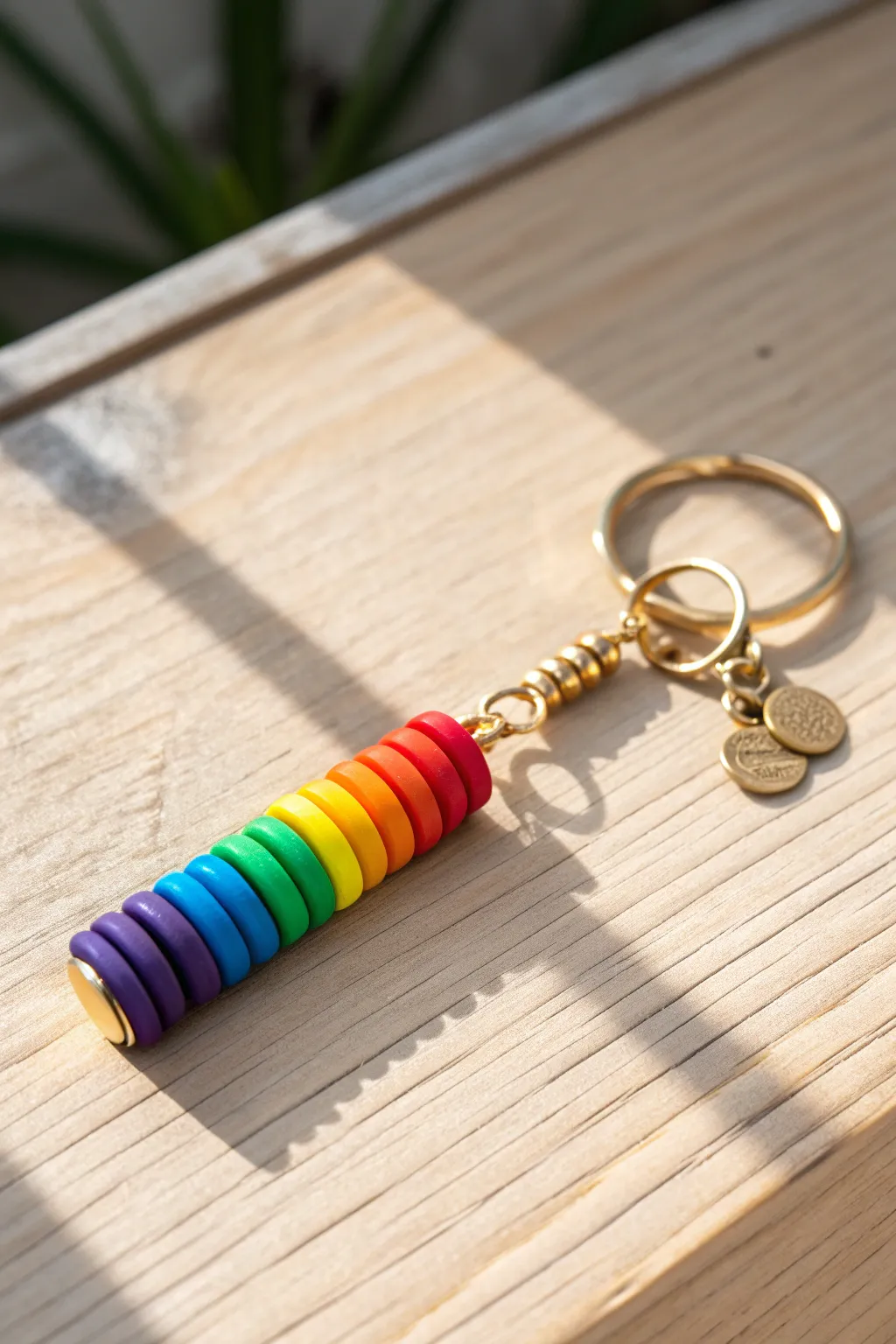 Bold rainbow color-block clay bead keychain with clean minimalist charm, bright and handmade