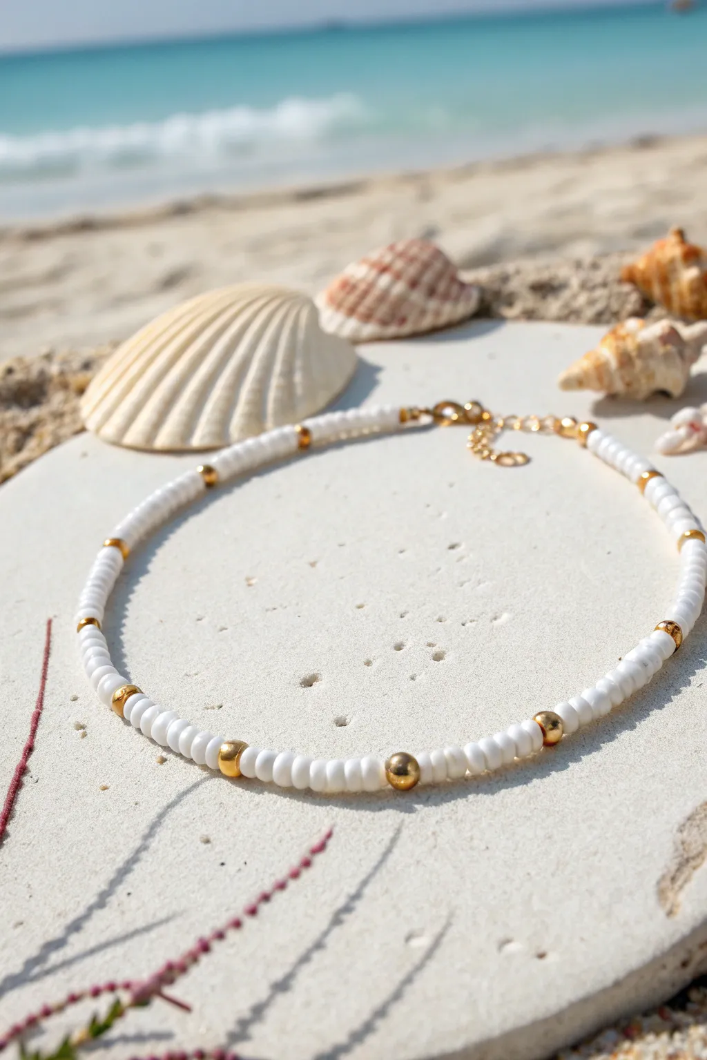 White heishi beads with tiny gold spacers for a crisp summer classic, minimal and beachy.