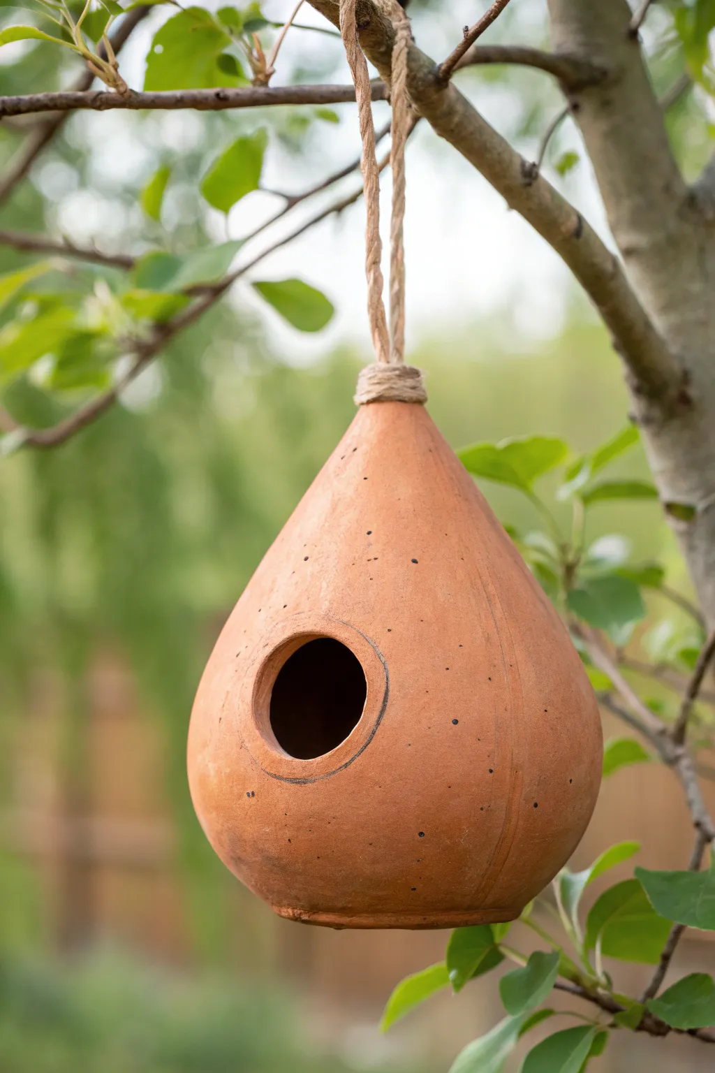 Simple teardrop clay birdhouse in warm terracotta, hanging neatly with a clean round entry.