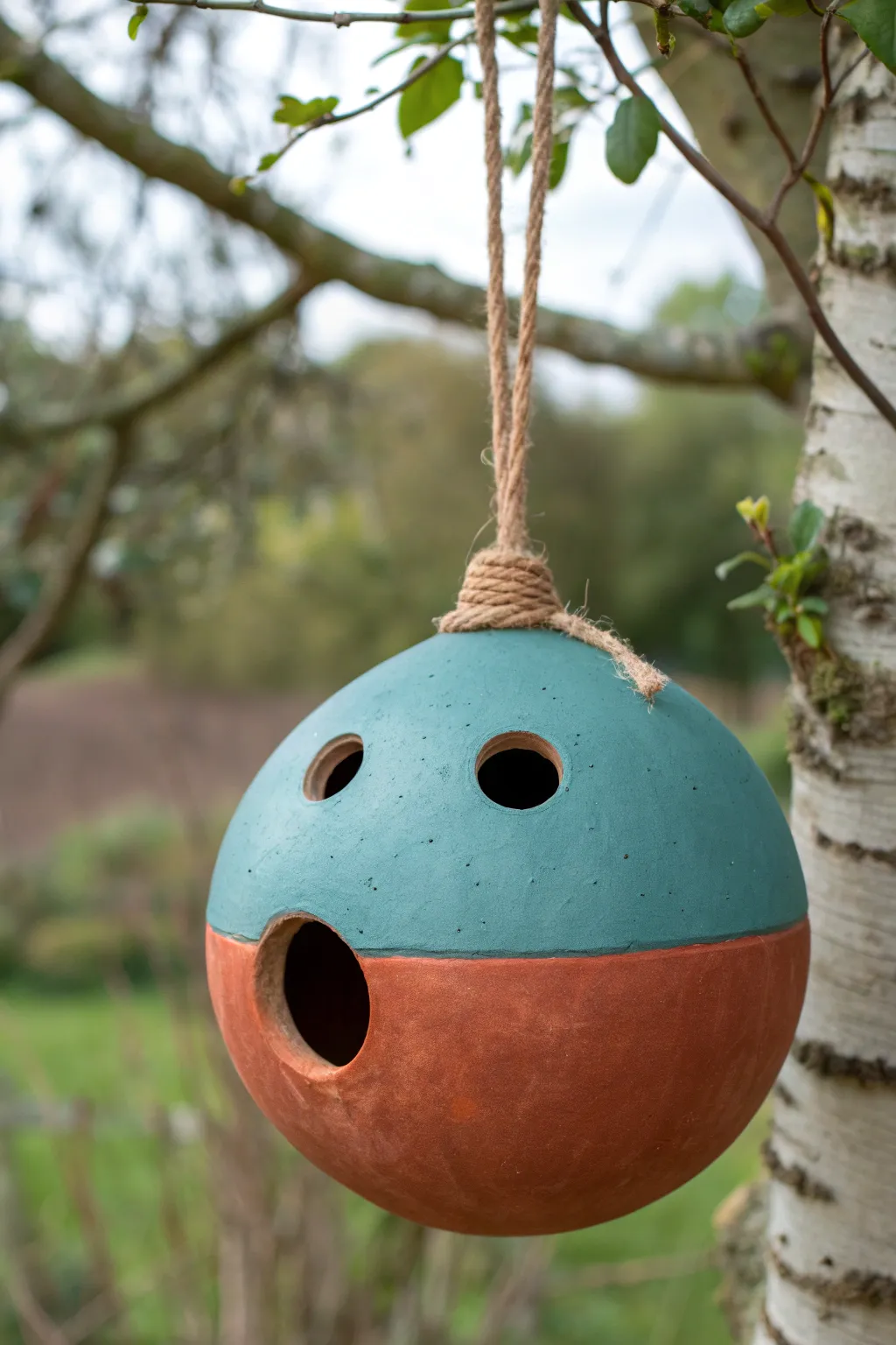 DIY clay sphere birdhouse with hanging holes and drain holes, simple and chic for gardens.
