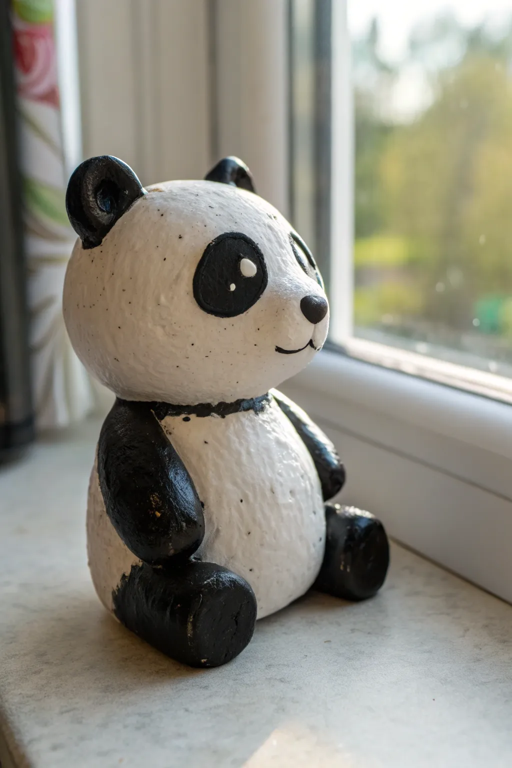 Baby panda clay bobblehead with tiny belly, glossy finish, and bold minimalist backdrop