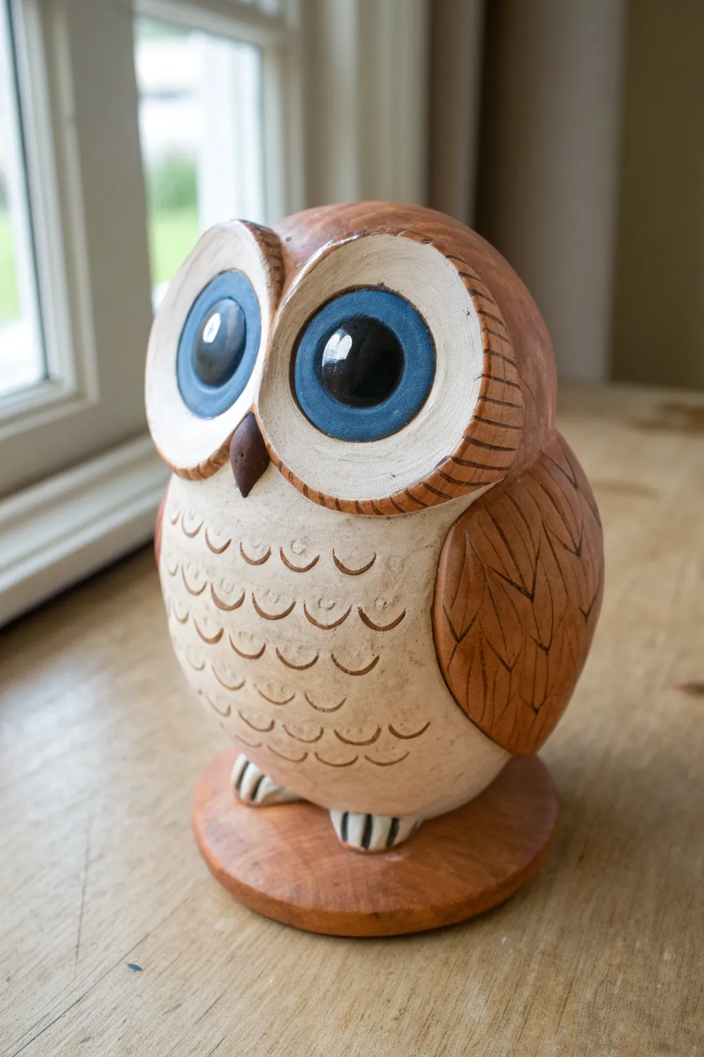 Wide-eyed owl clay bobblehead, terracotta and cobalt tones, minimalist boho and handcrafted charm.