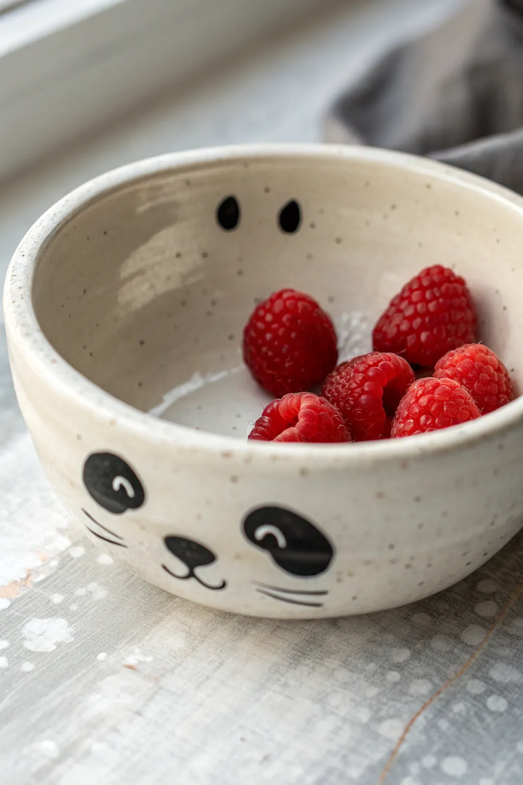 Minimal panda belly bowl with bold black patches and a pop of red berries inside.