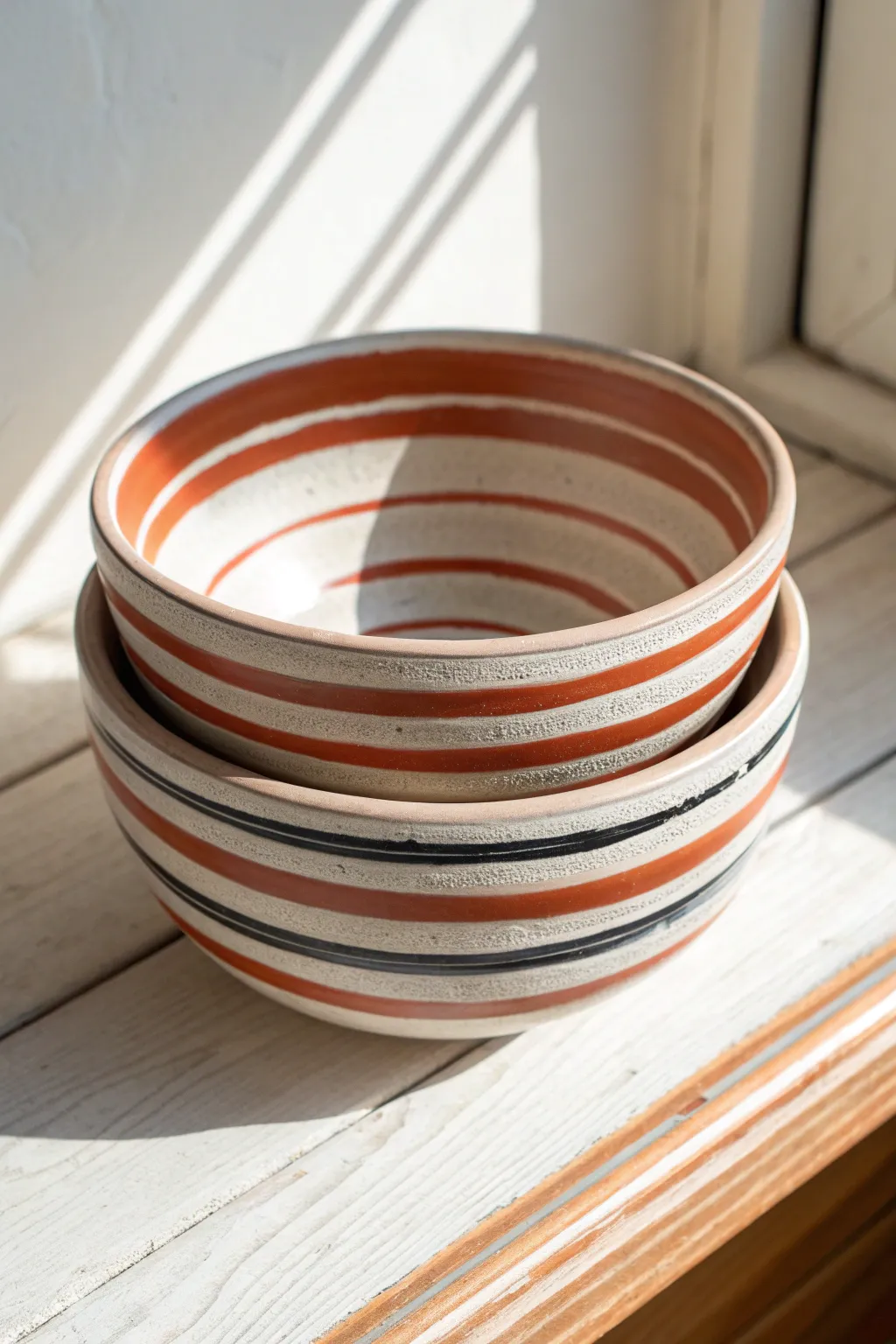 Crisp striped clay bowls stacked on light wood, a simple DIY look with bold Scandinavian contrast.