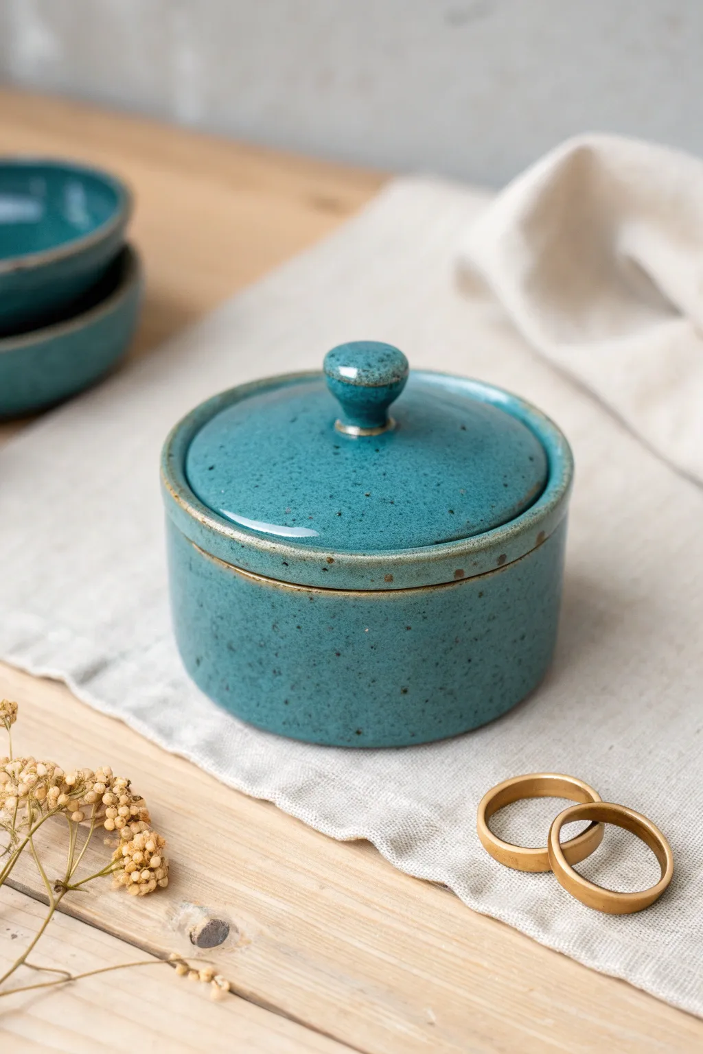 Tiny teal clay jewelry box with knob lid, minimalist styling and rings for scale.