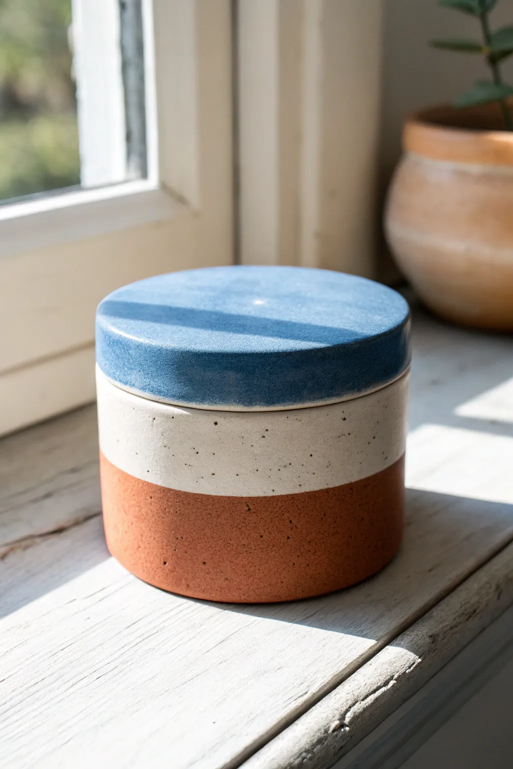 Minimal two-tone clay box with crisp color-block seam, modern storage with handmade warmth.