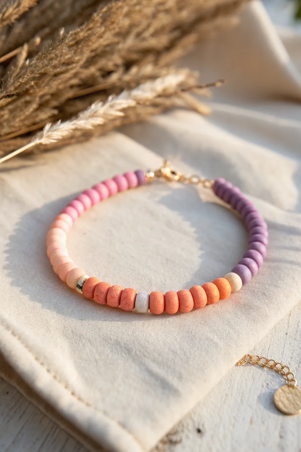 Sunset ombre clay bracelet in coral, peach, and lavender, glowing softly in golden hour light