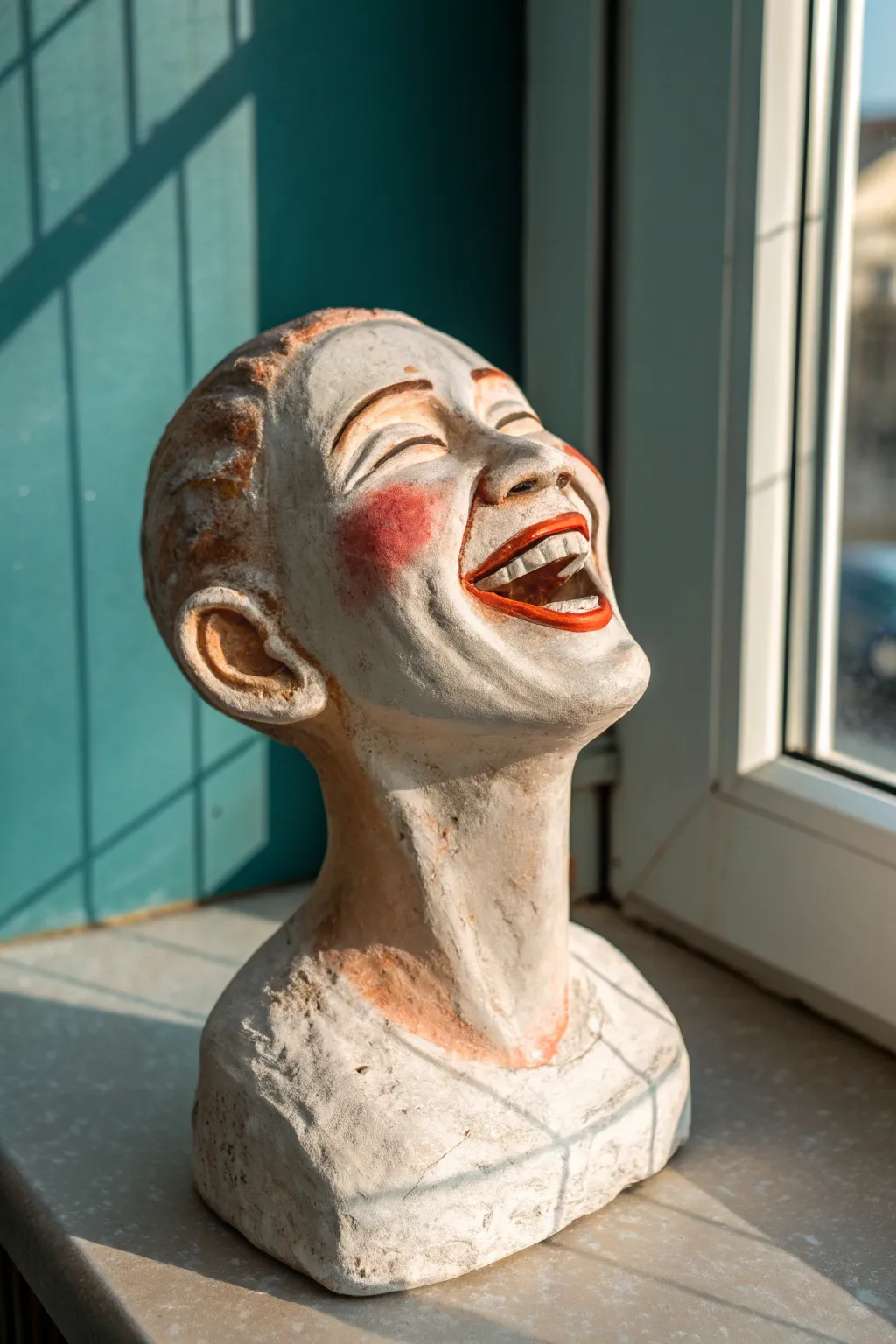 Laughing clay bust with bold color pops and warm light for joyful Scandinavian-boho decor.