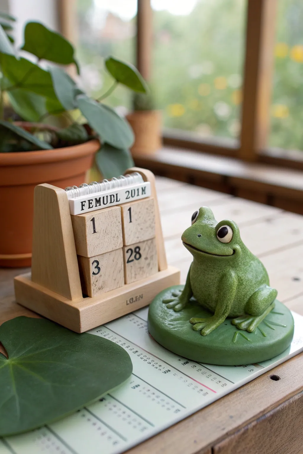 Minimal clay frog calendar stand with lily pad base, bold greens, clean slots, cozy Nordic vibe