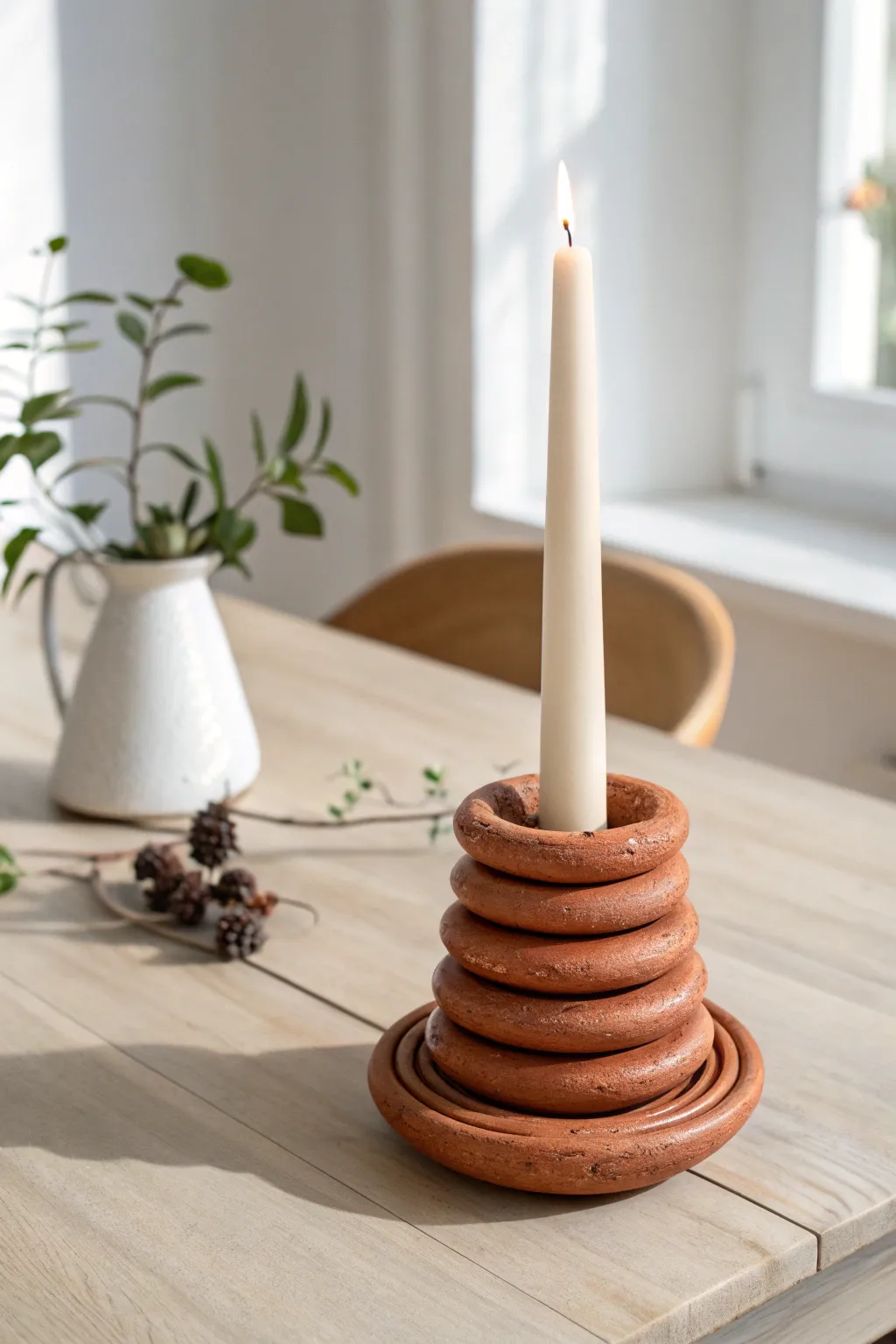 Sculptural wavy coil clay taper holder that brings bold warmth to a minimalist table