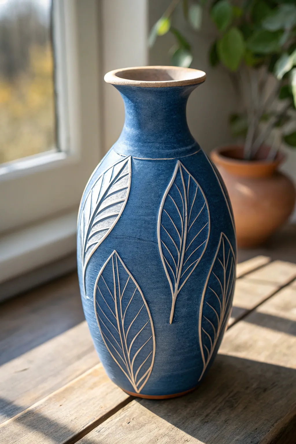 Minimalist vase with bold carved leaf veins, showing hand-made depth and natural contrast.