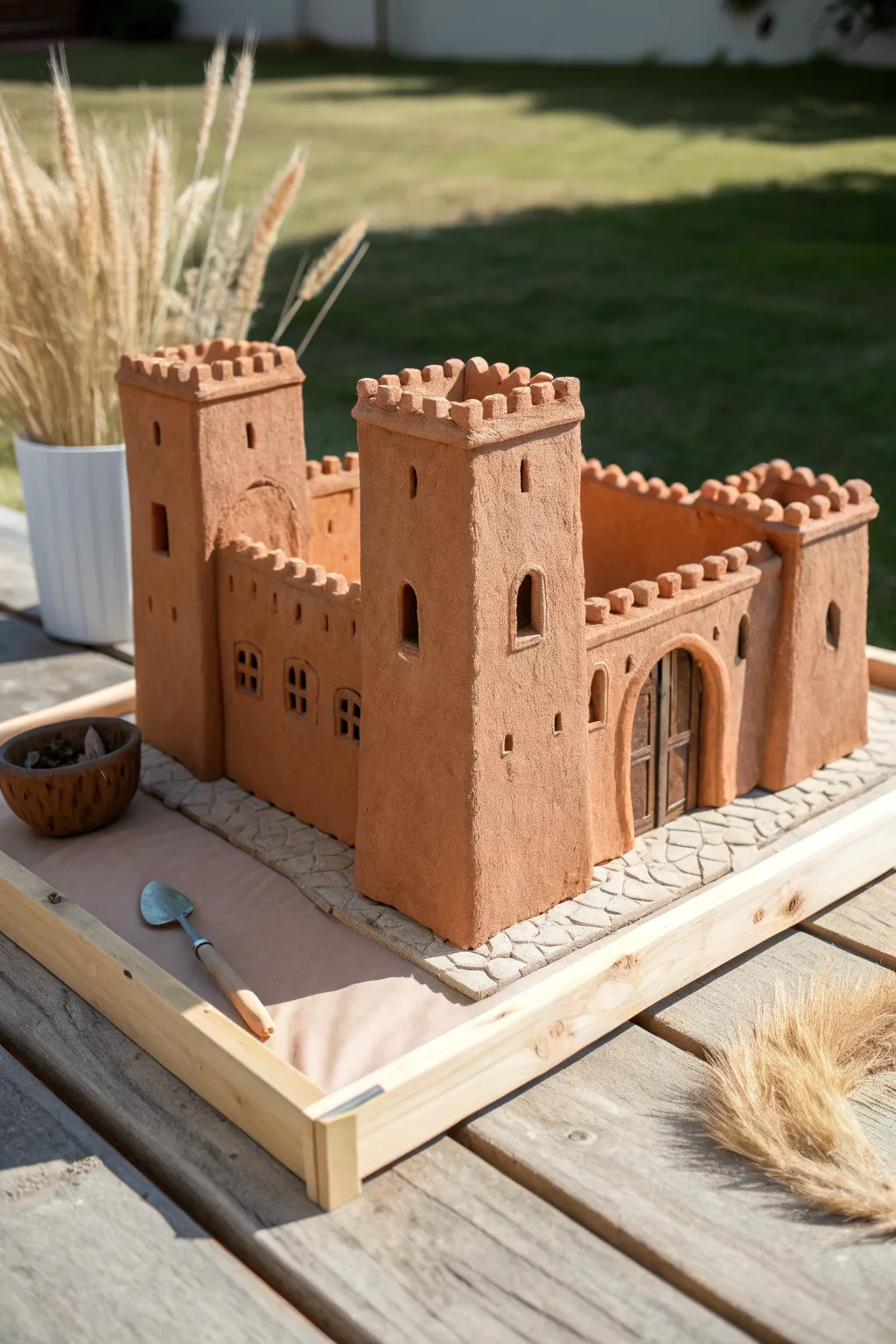 Simple slab-built clay castle with courtyard and bold gate, perfect for beginner pottery fun.