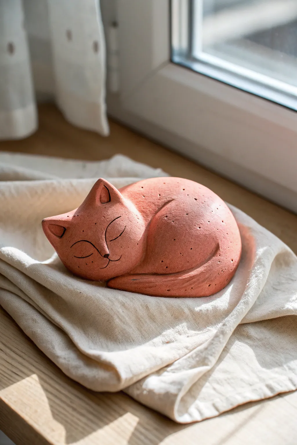 Cozy matte clay cat curled into a circle, tail to nose, minimalist Scandinavian look with boho warmth.