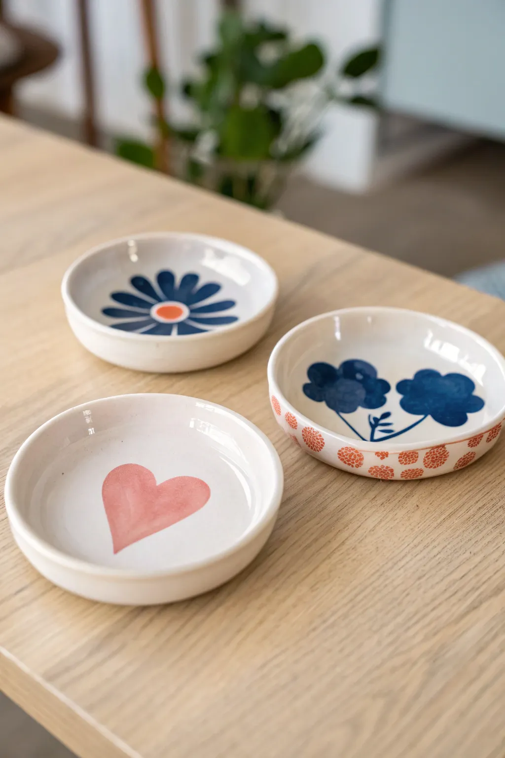 Mini ring dish shape challenge: heart, flower, and cloud in bold glazes for quick clay wins.