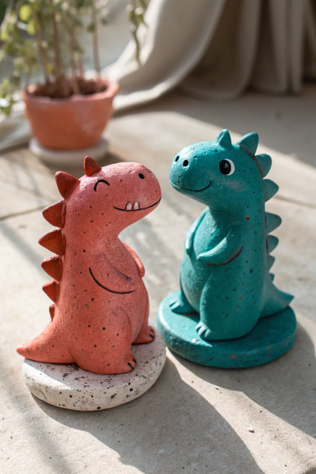 Adorable tiny-spiked clay dinos in bold coral and teal, minimalist boho style with cozy handmade charm.