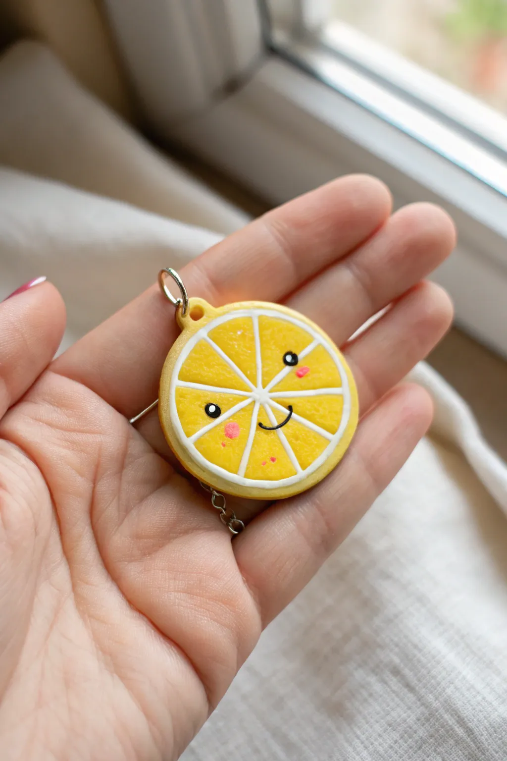 Adorable lemon slice face charm in your palm, minimalist and bright for cute clay Pinterest ideas