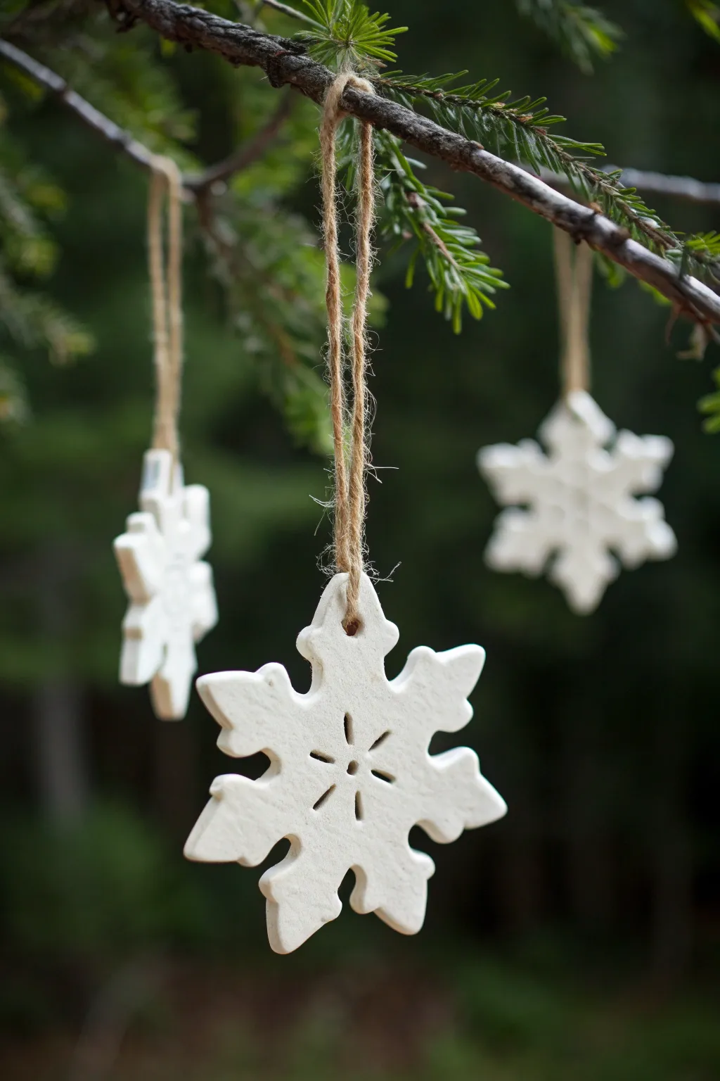 Bright white clay snowflake slab ornament cluster, minimalist winter charm for cozy Christmas decor
