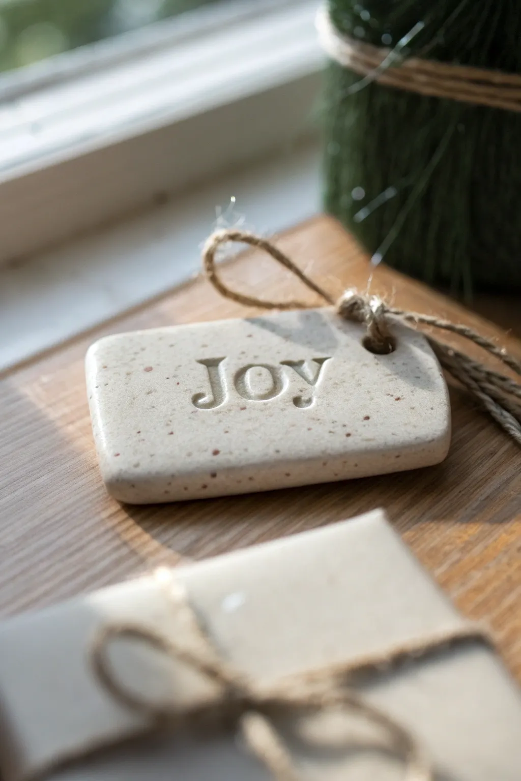 Minimal stamped clay gift tag tied with jute twine, a simple handmade Christmas touch.