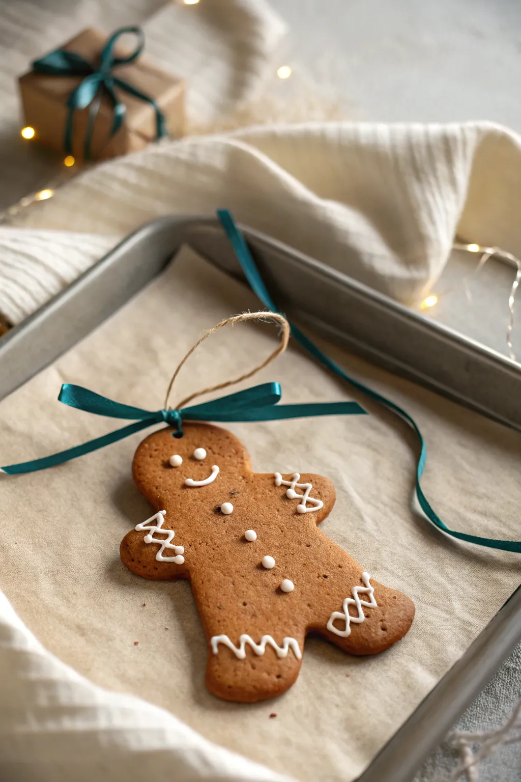 Gingerbread-style clay ornament with simple white icing lines, styled minimal and cozy for Christmas.