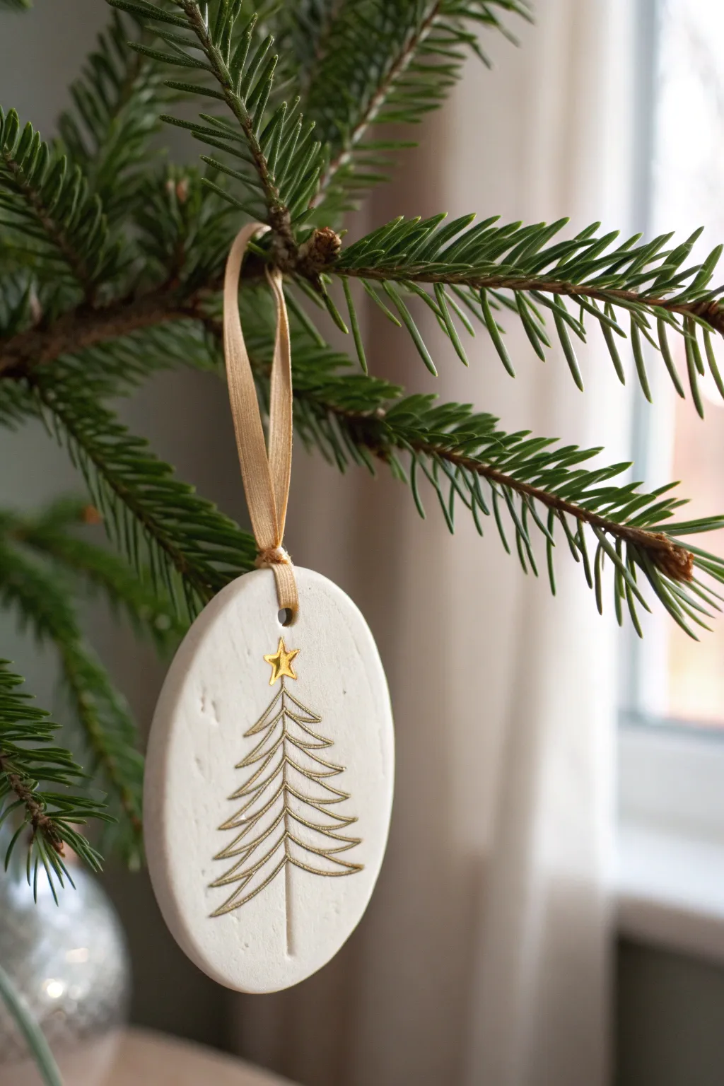 Evergreen needle imprints + a touch of gold make the simplest clay ornament feel magical.