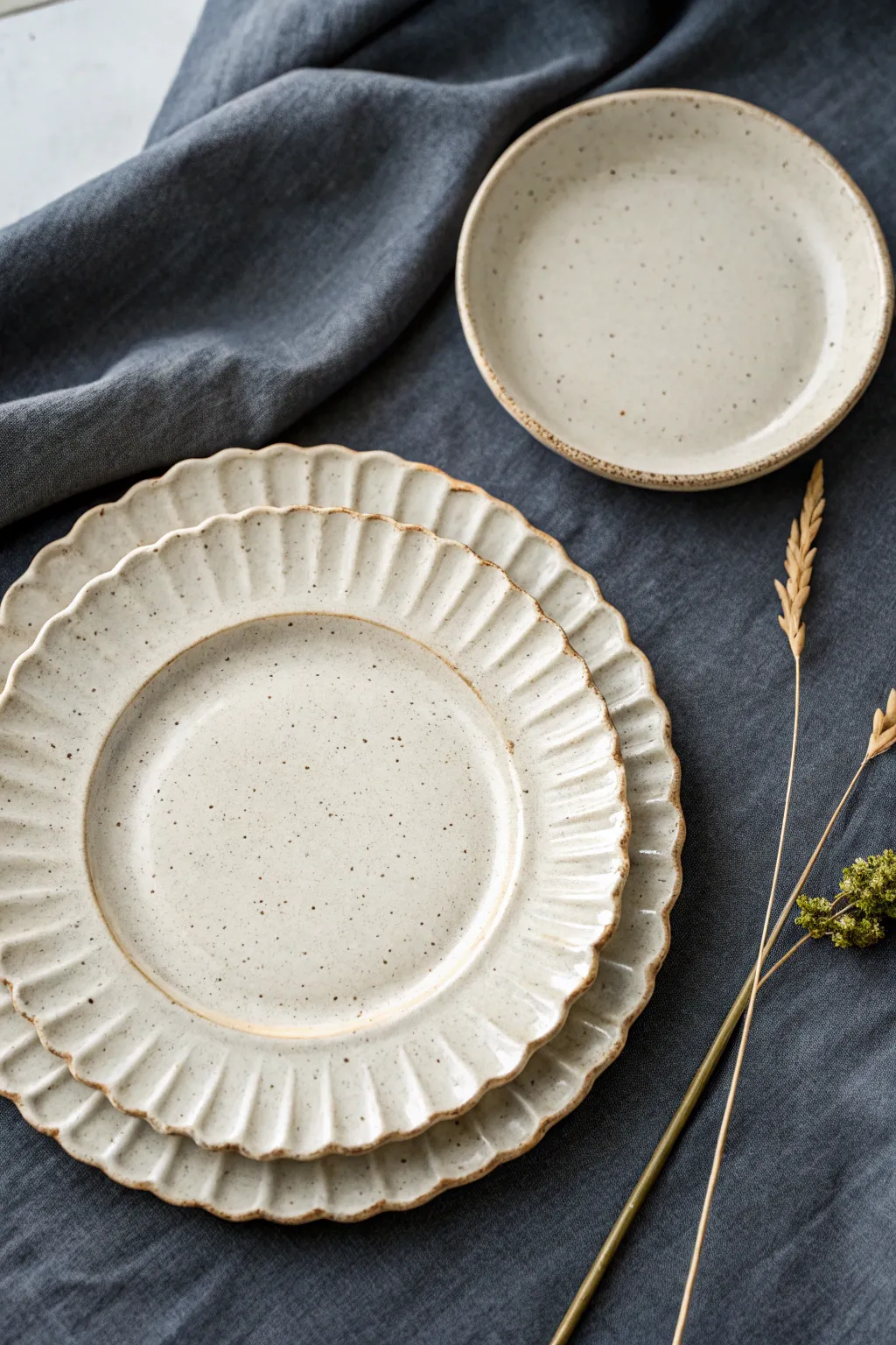 Soft ruffled-edge plates in an ivory glaze, styled minimally for a calm boho table look