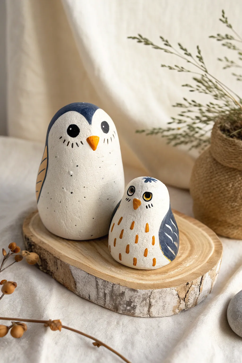 Beginner-friendly pinch pot penguin and owl duo with bold accents in a clean minimalist style
