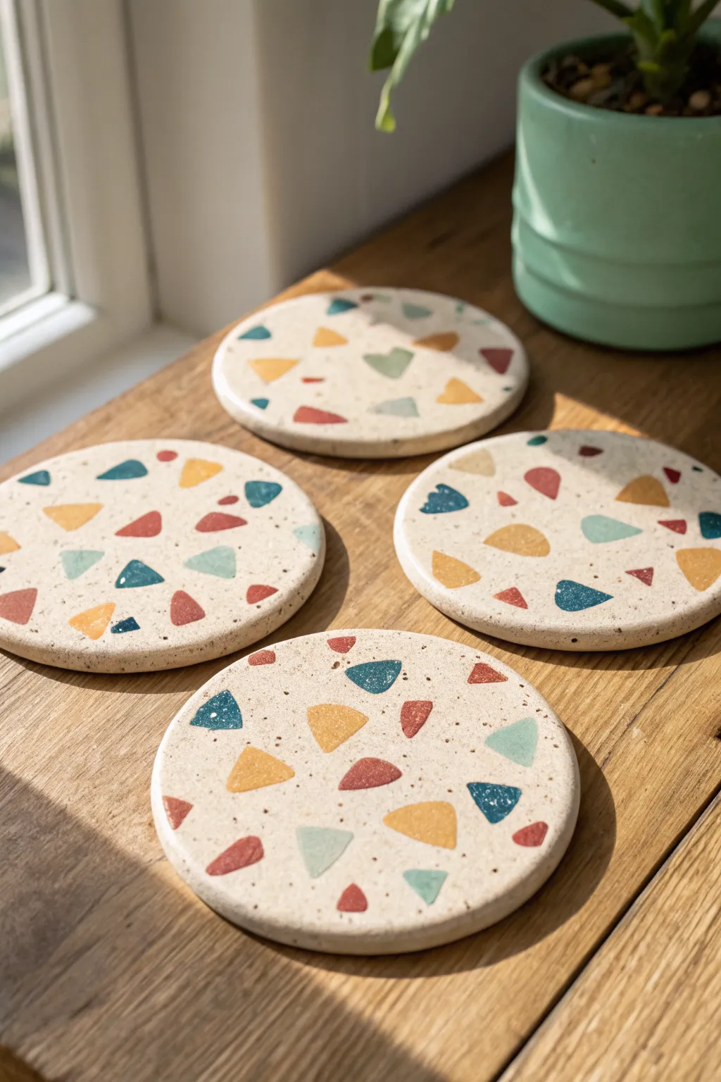 Terrazzo chip clay coasters in a soft neutral base with bold pops of color, clean and modern.