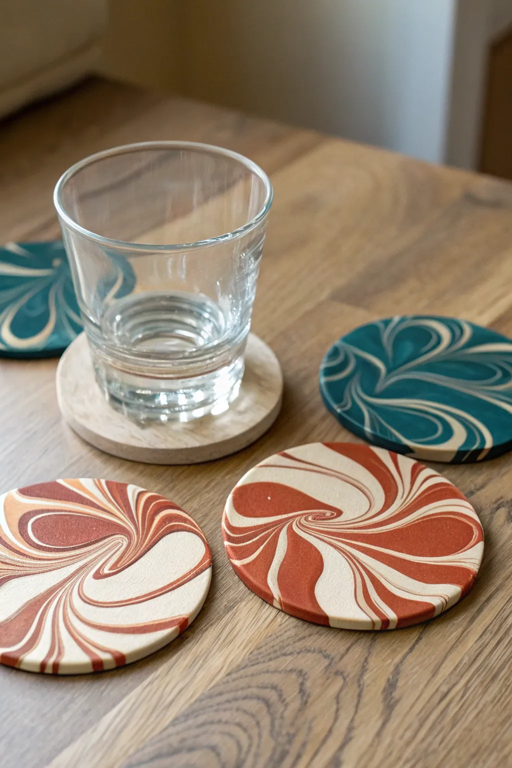 Swirled marbled polymer clay coasters in bold earthy hues, fanned out with a glass for scale
