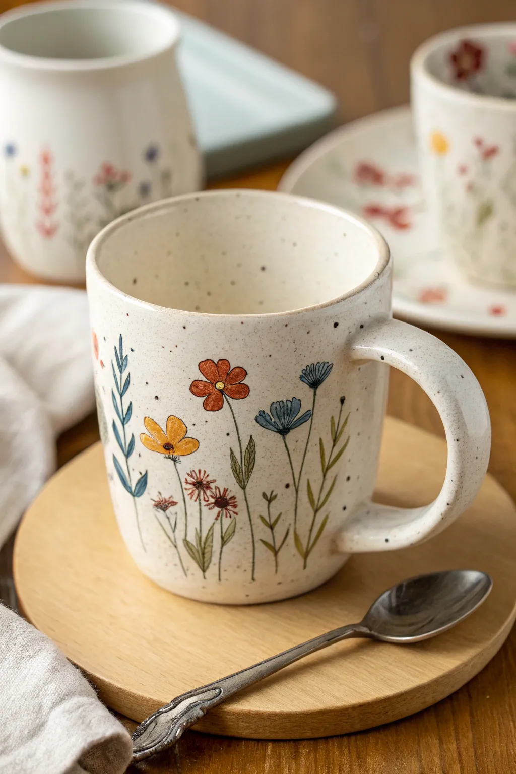 Sweet wildflower hand-painted mug in bold boho colors, styled simply for cozy coffee moments.