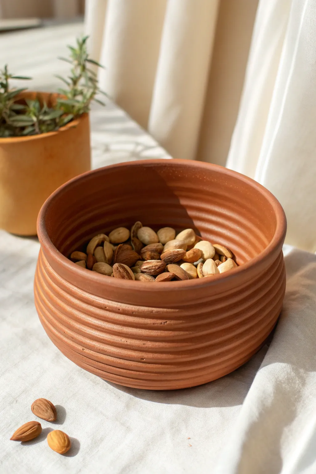 Deep terracotta coil bowl with a rounded rim, styled with nuts for a simple everyday snack moment