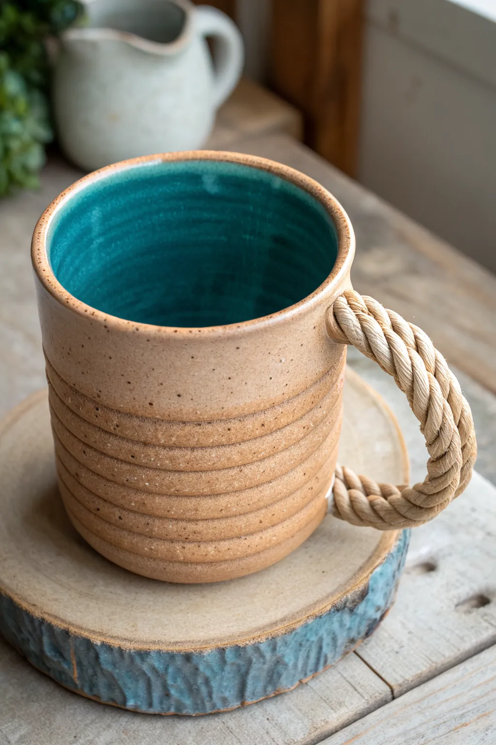 Coil-built mug with rope handle, glossy teal interior and earthy textured exterior, Scandinavian calm.
