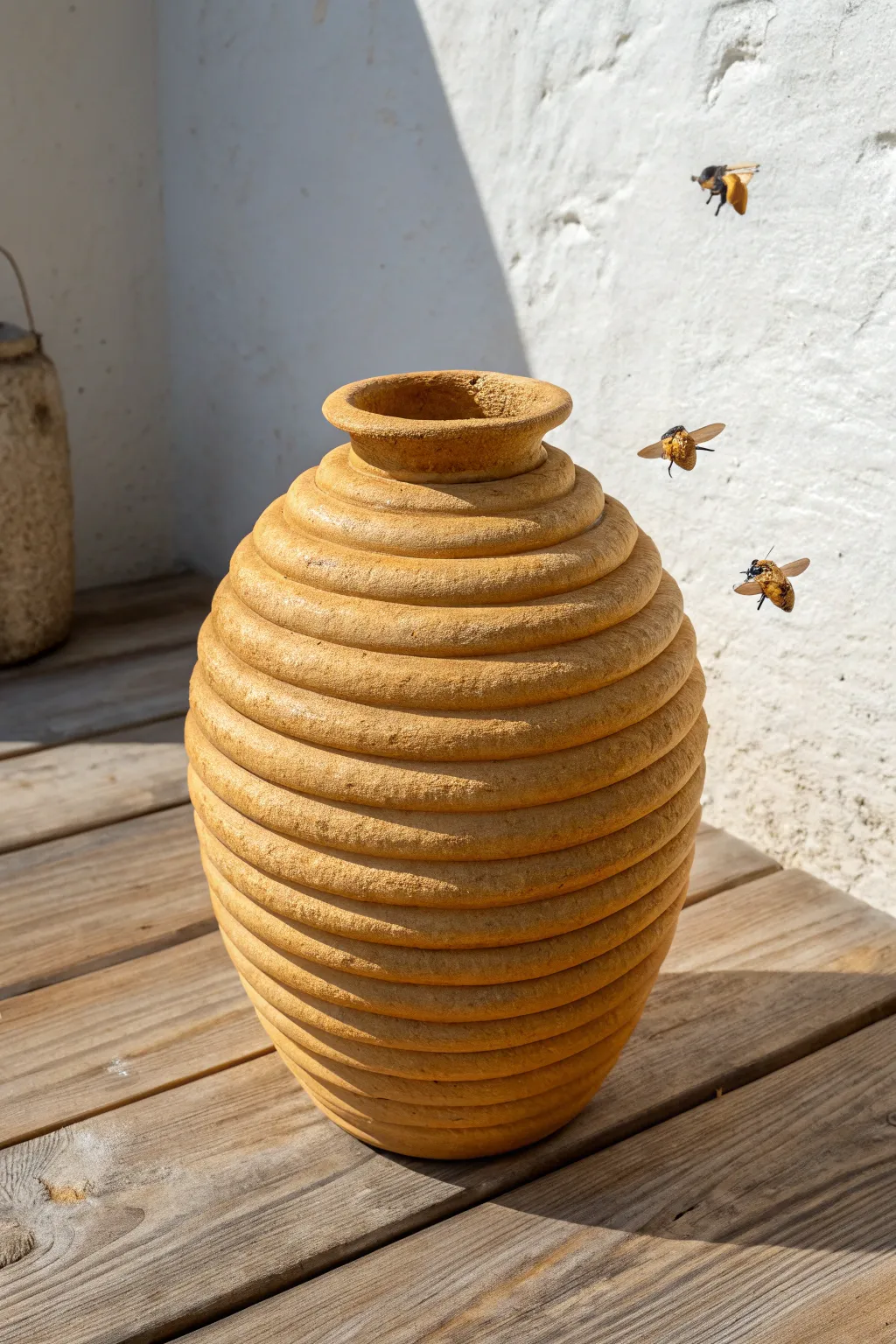 Honey-toned ribbed coil vase with a beehive silhouette and tiny clay bee accents