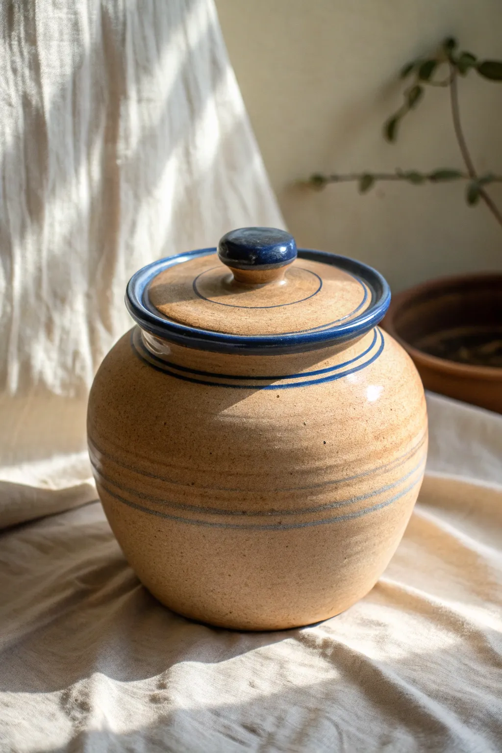 Minimal lidded coil jar with crisp gallery rim and bold cobalt accent, handmade calm.