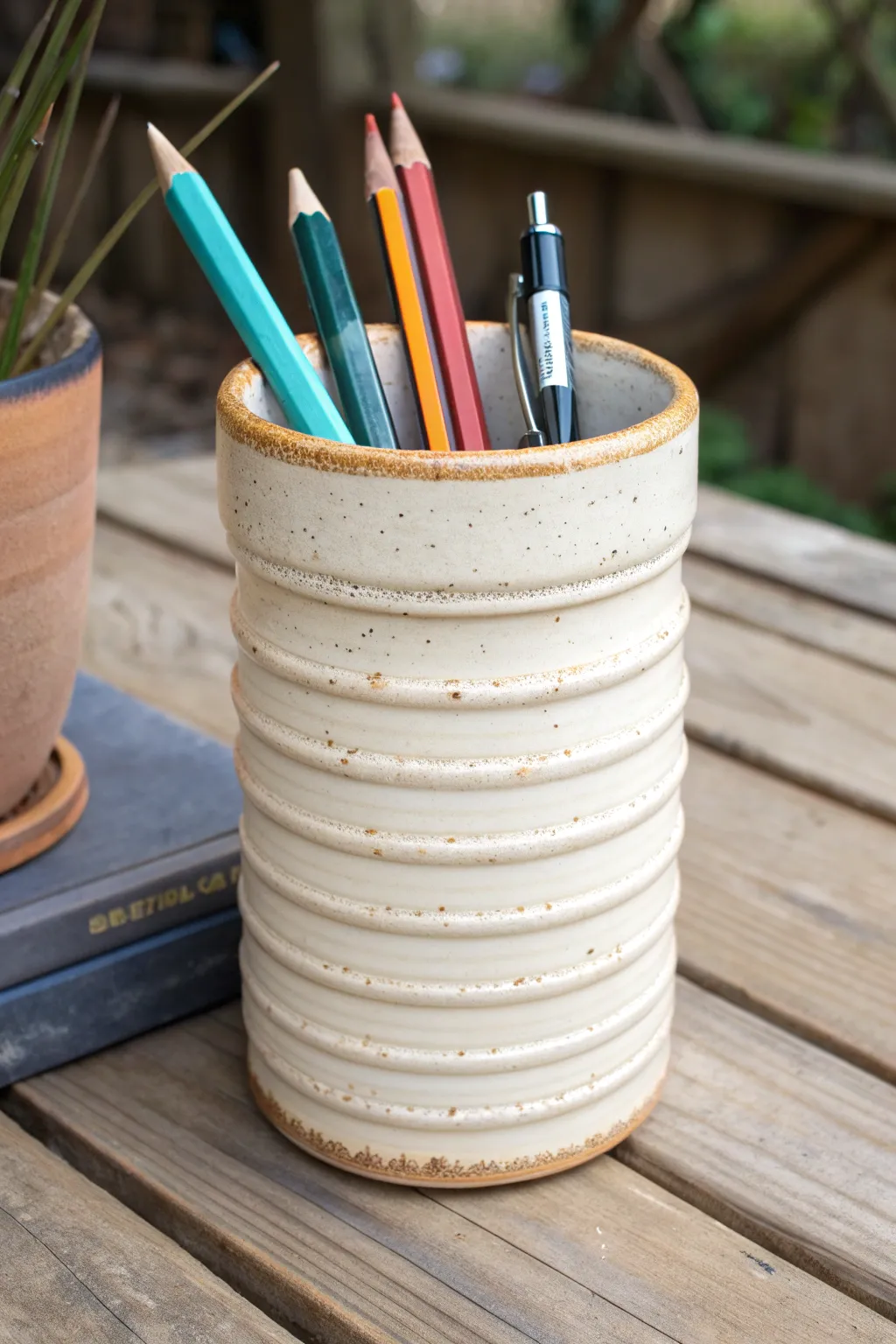 Coil-built pencil cup on a bright white backdrop, finished with bold stationery for contrast.