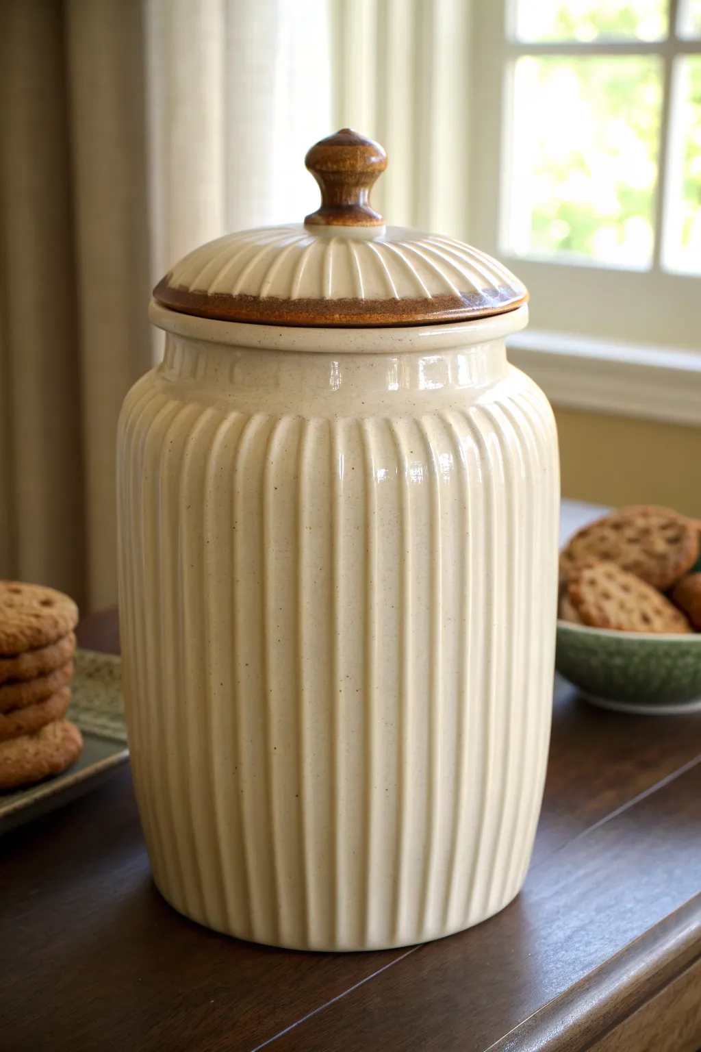 Tall ribbed bakery canister in creamy glaze with a warm cookie knob, minimal and cozy.