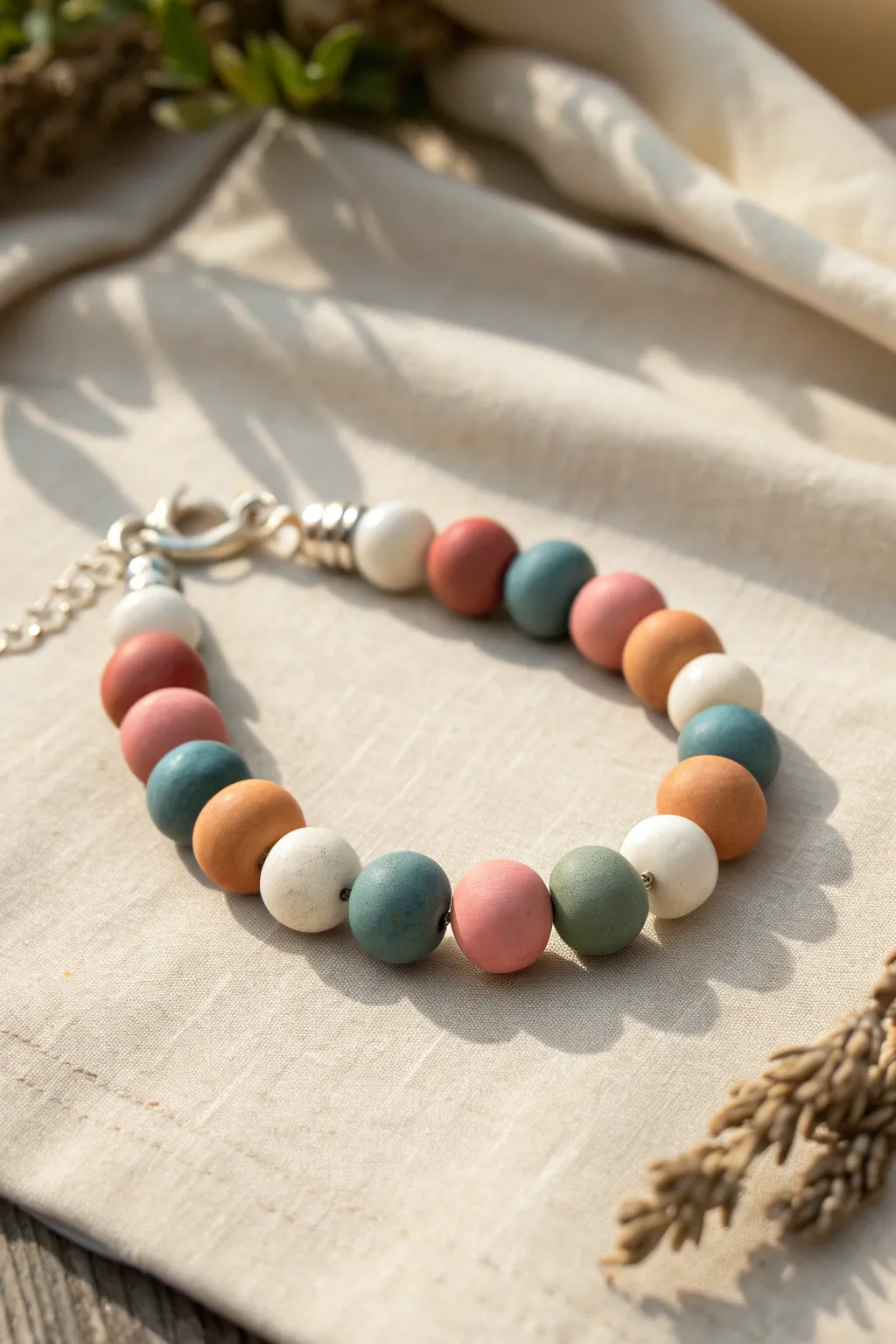 Colorful polymer clay bead bracelet with minimalist clasp, Scandinavian calm and bold contrast