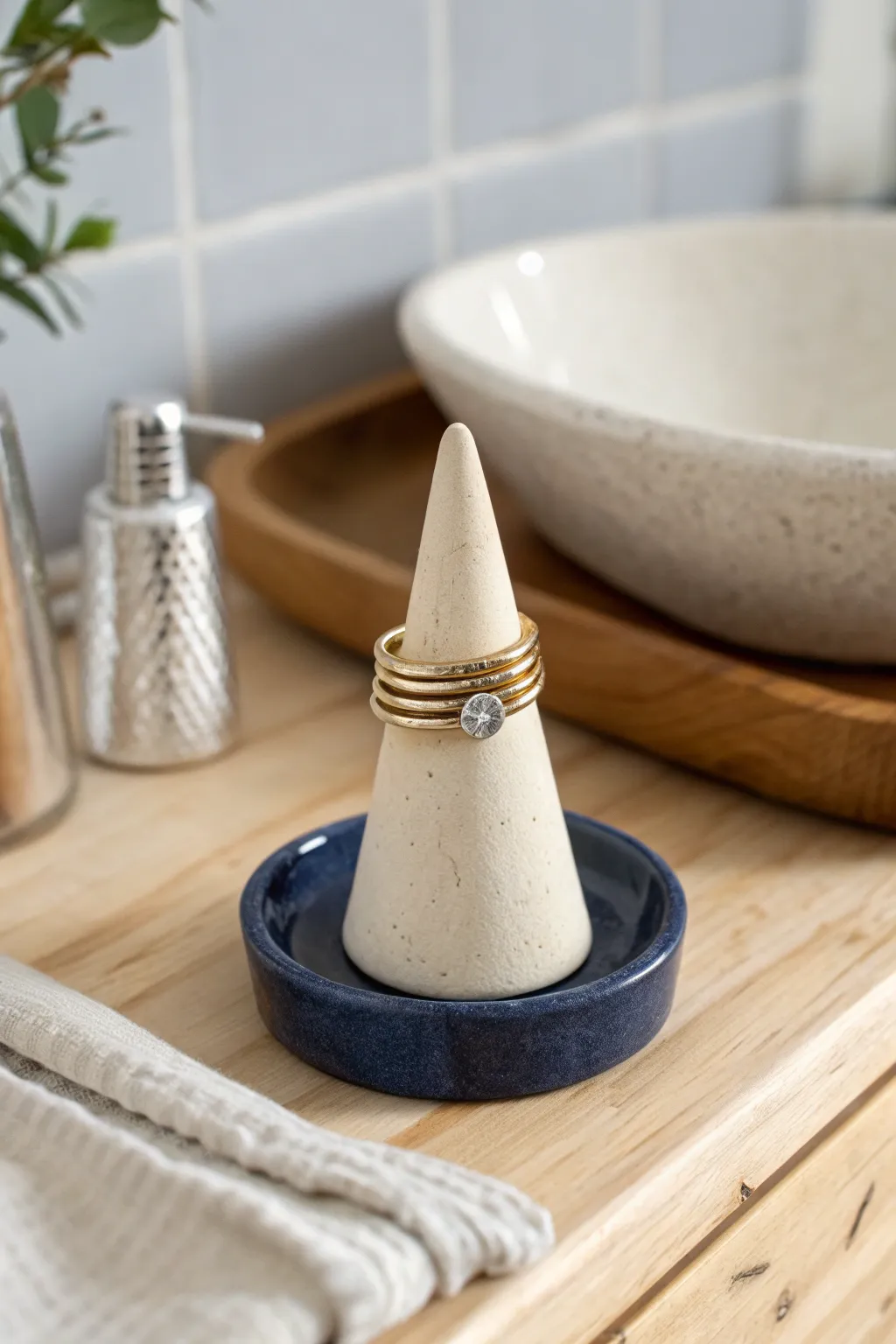Beginner-friendly clay ring holder cone—minimal, chic, and perfect by the sink for daily jewelry.