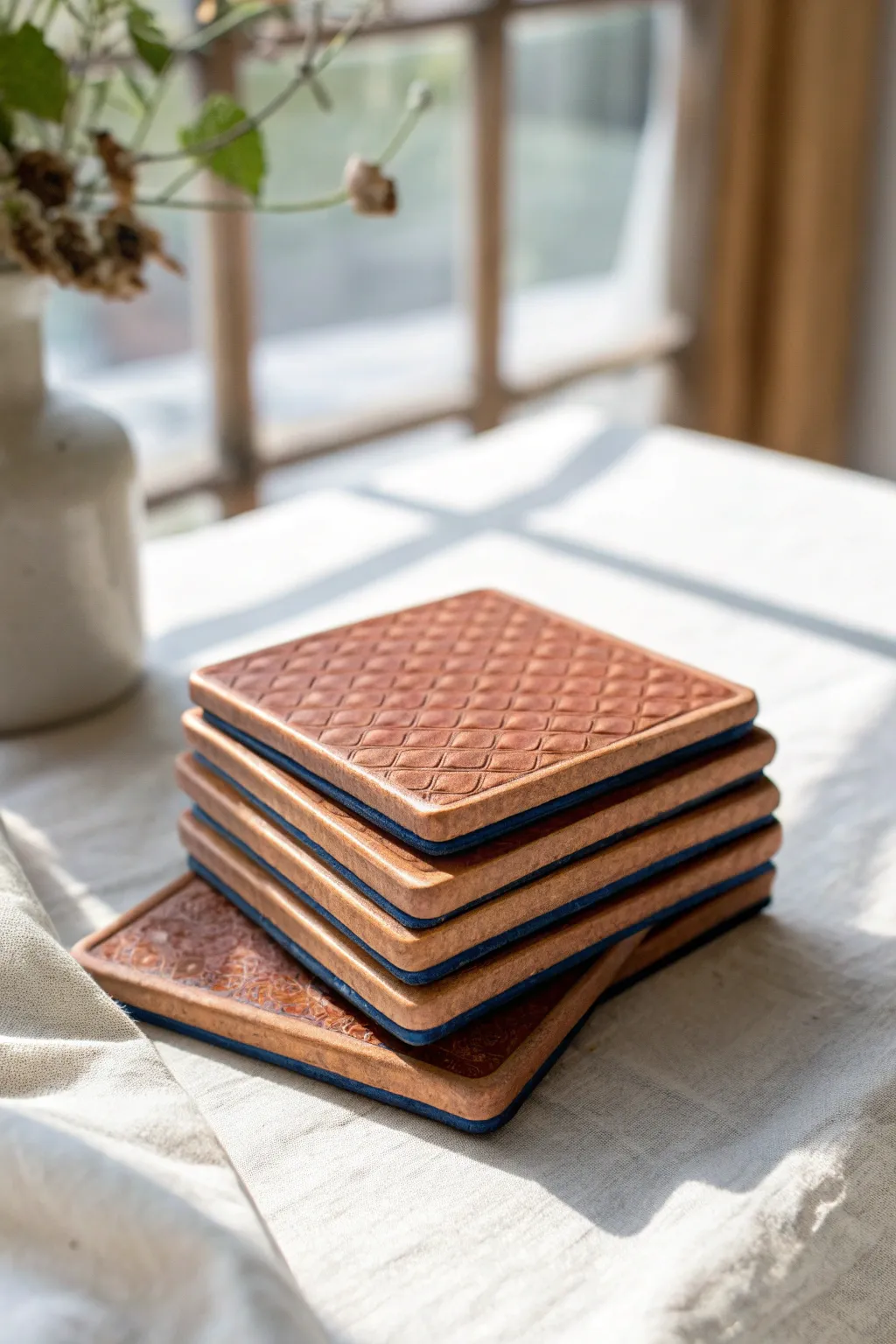 Stacked handmade slab coasters with embossed texture, clean edges, and bold earthy color.