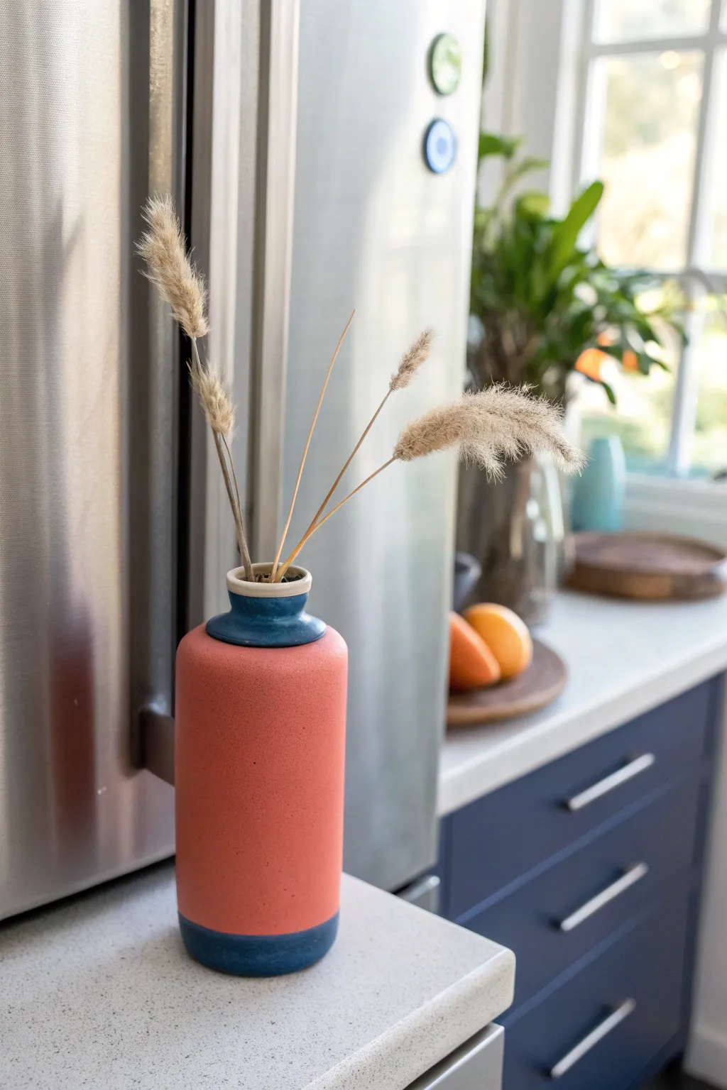 Tiny magnetic bud vase on the fridge, holding one dried stem in bold minimalist color