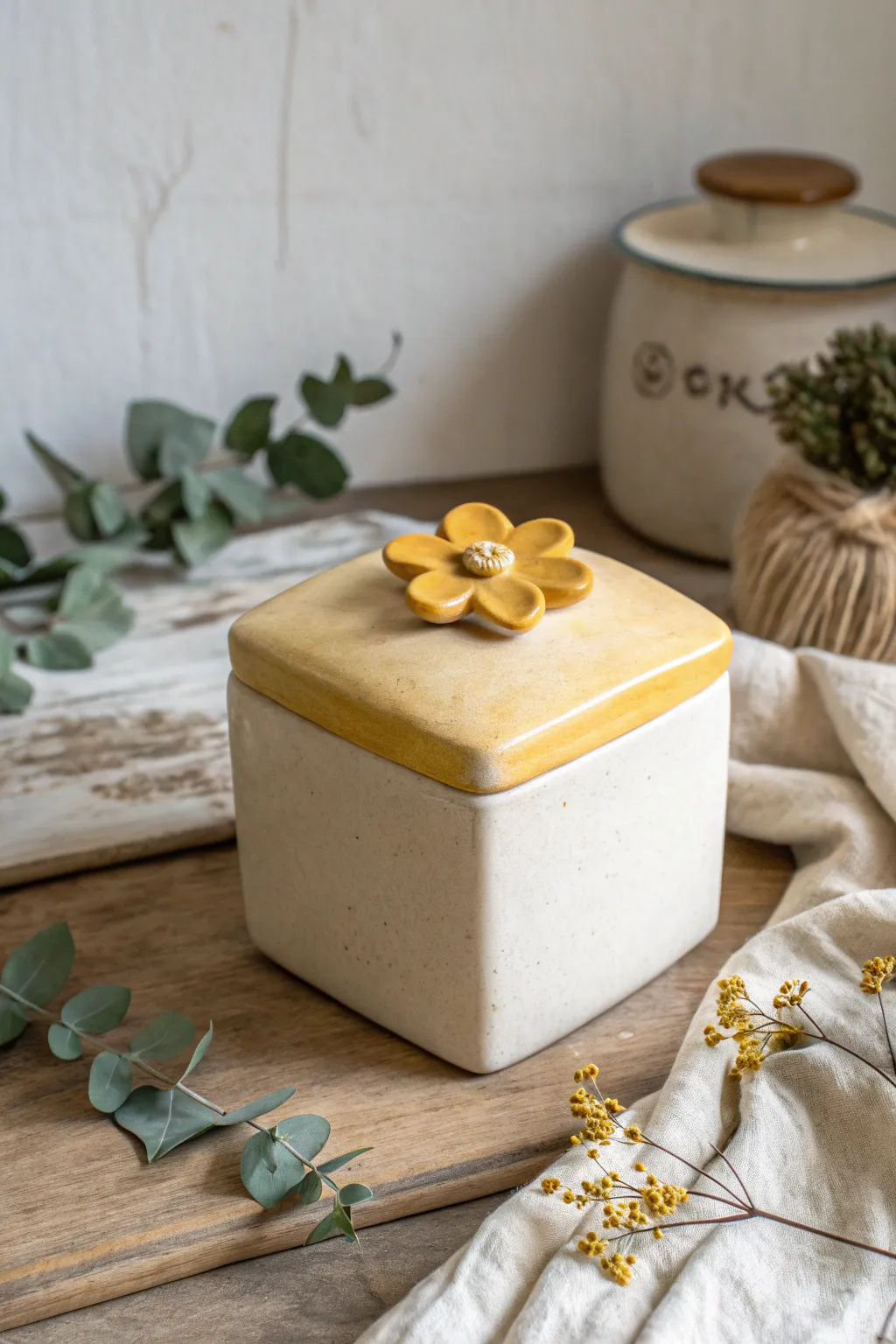 Minimalist clay cube with bold flower lid handle, Scandinavian calm with a boho color pop