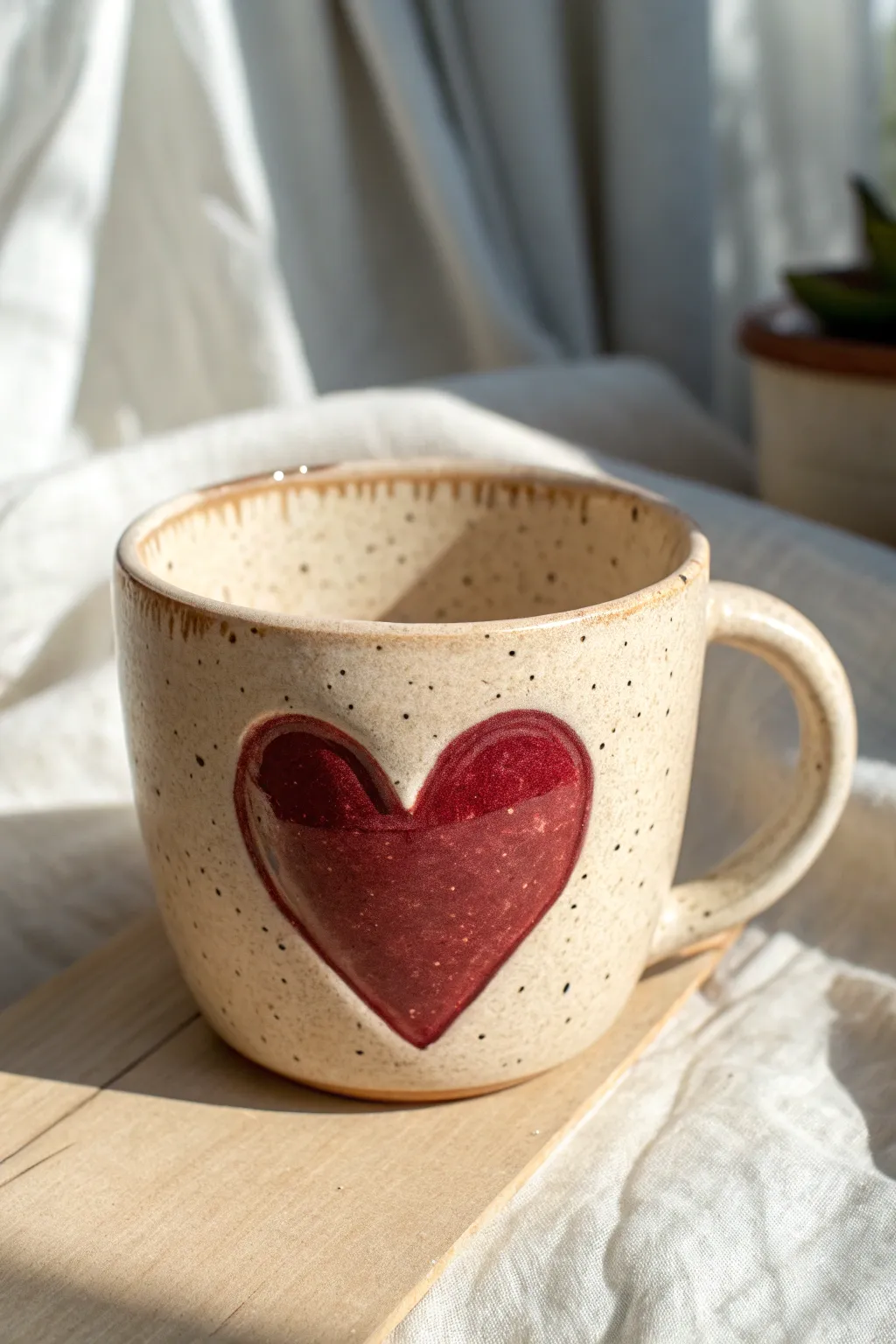 Sweet heart medallion clay cup in bold glaze, minimal Nordic styling with cozy handmade charm.